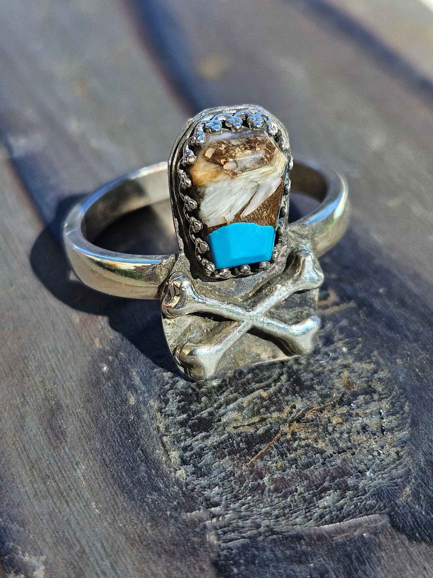 Turquoise Coffin and Crossbones Ring, Size 8.5