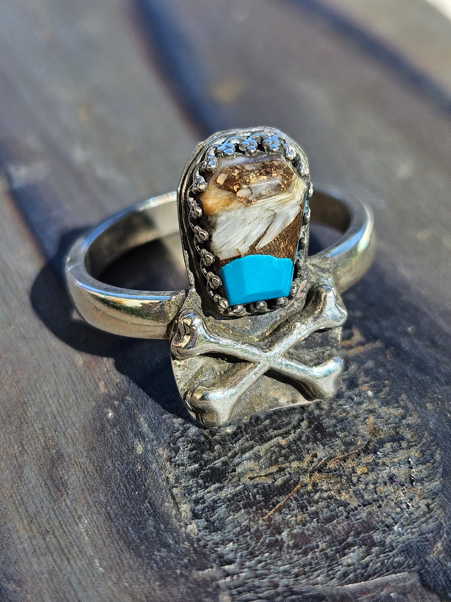 Turquoise Coffin and Crossbones Ring, Size 8.5
