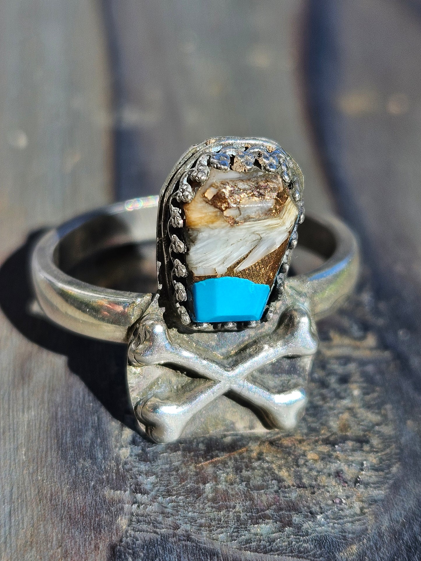 Turquoise Coffin and Crossbones Ring, Size 8.5