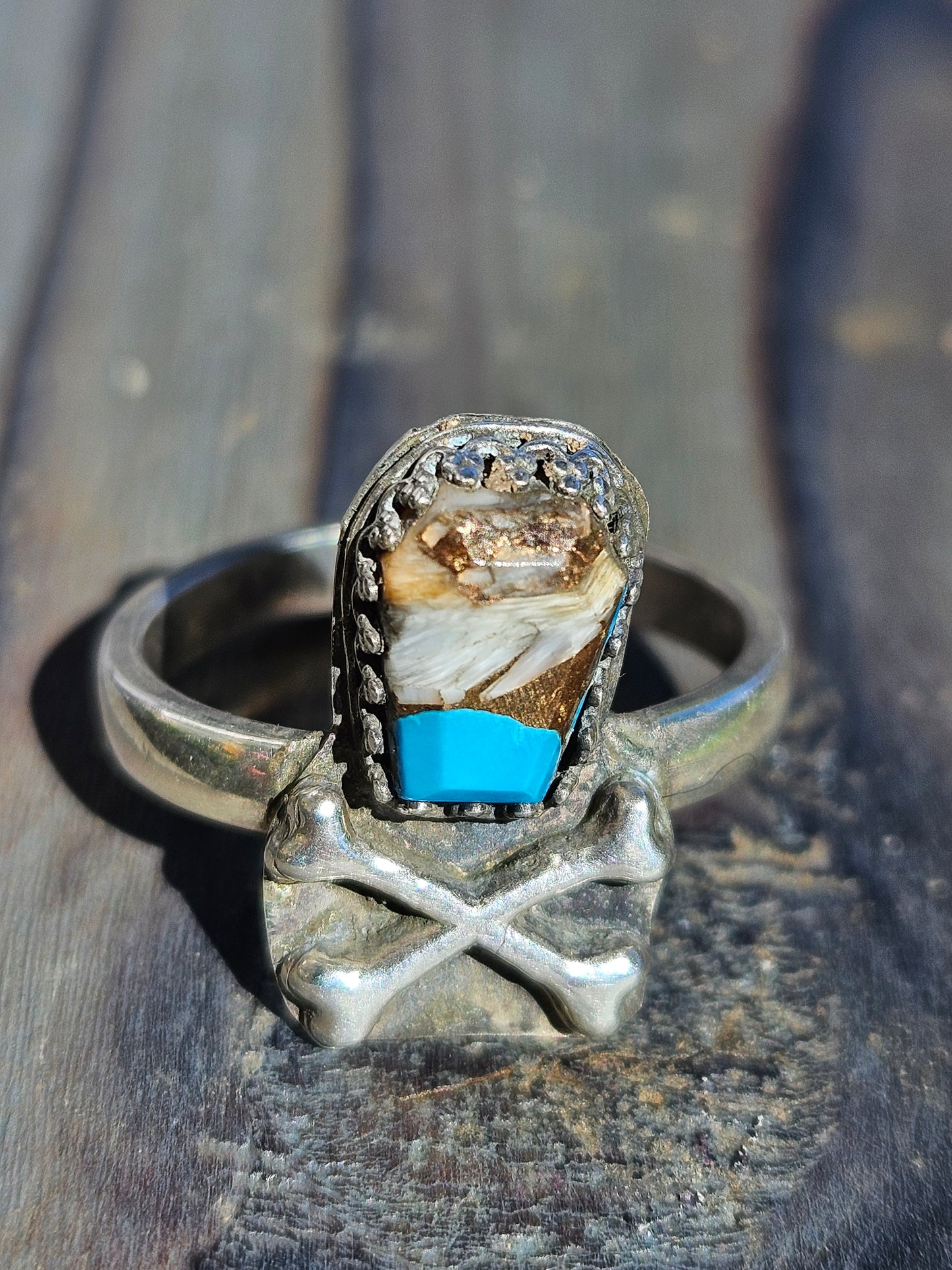 Turquoise Coffin and Crossbones Ring, Size 8.5