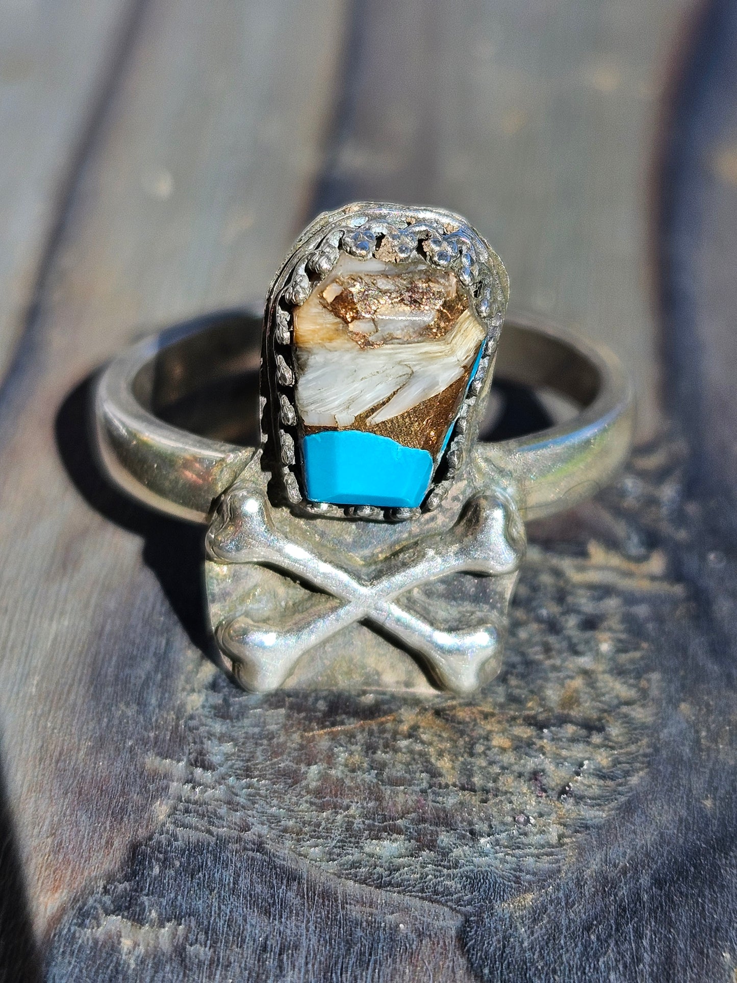 Turquoise Coffin and Crossbones Ring, Size 8.5