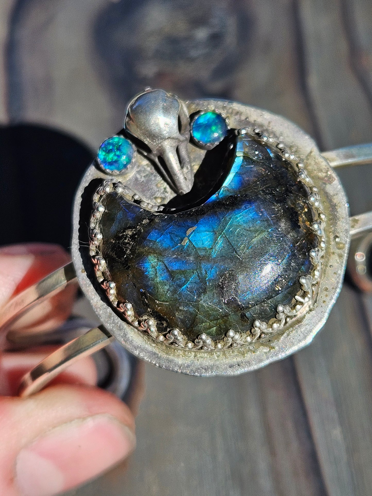 "Raven's Eye" Labradorite and Opal Cuff Bracelet