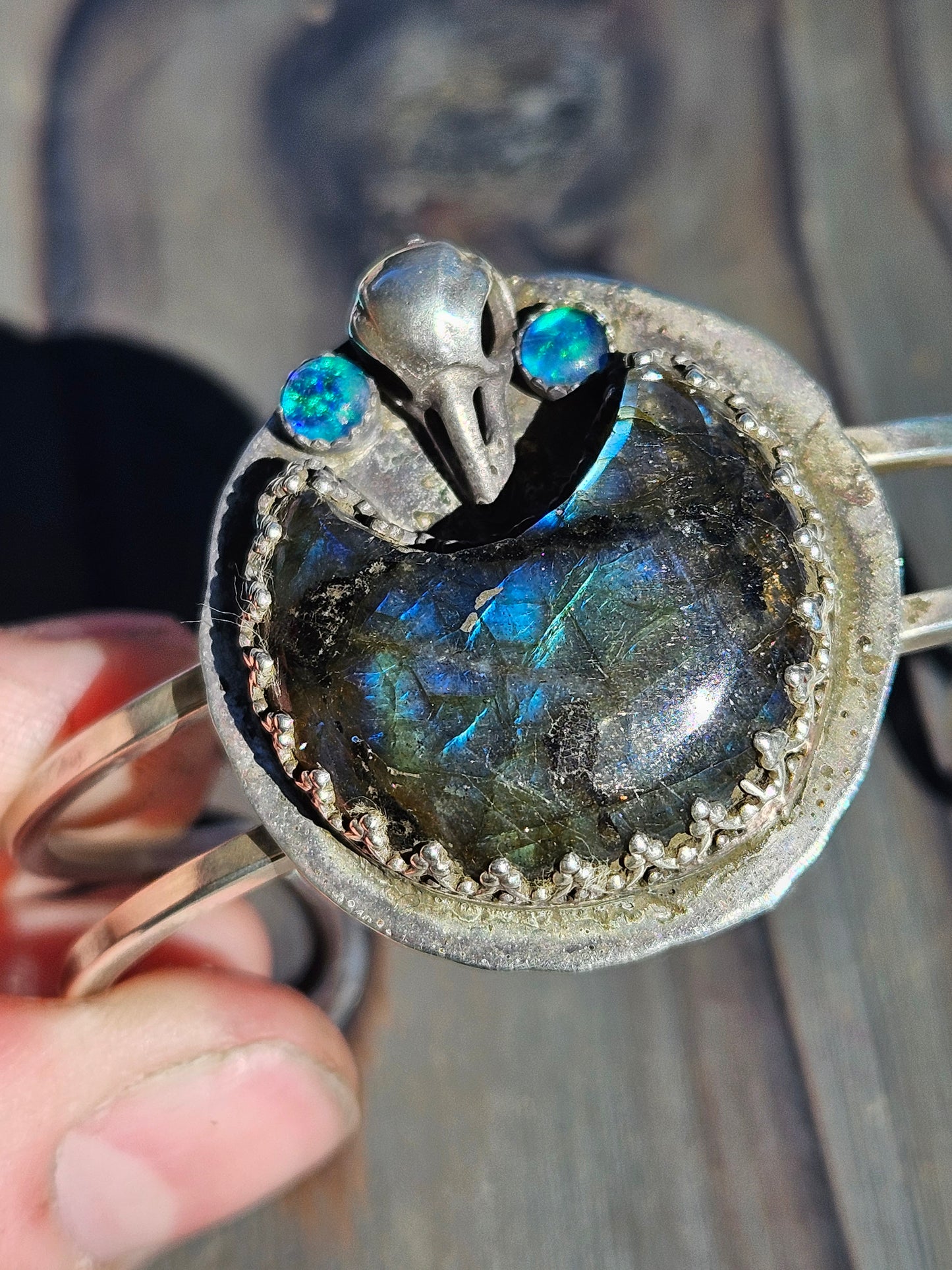 "Raven's Eye" Labradorite and Opal Cuff Bracelet
