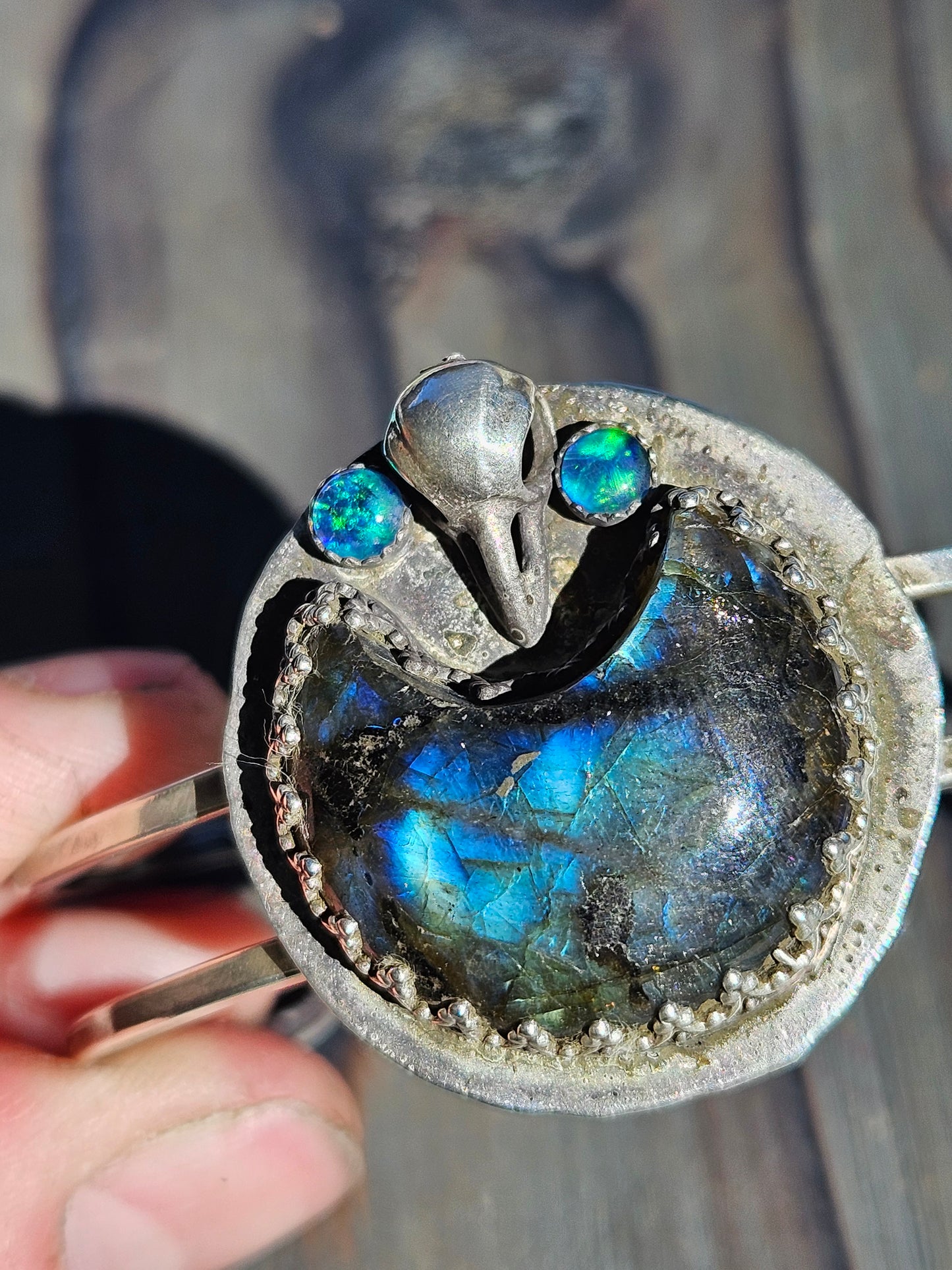 "Raven's Eye" Labradorite and Opal Cuff Bracelet