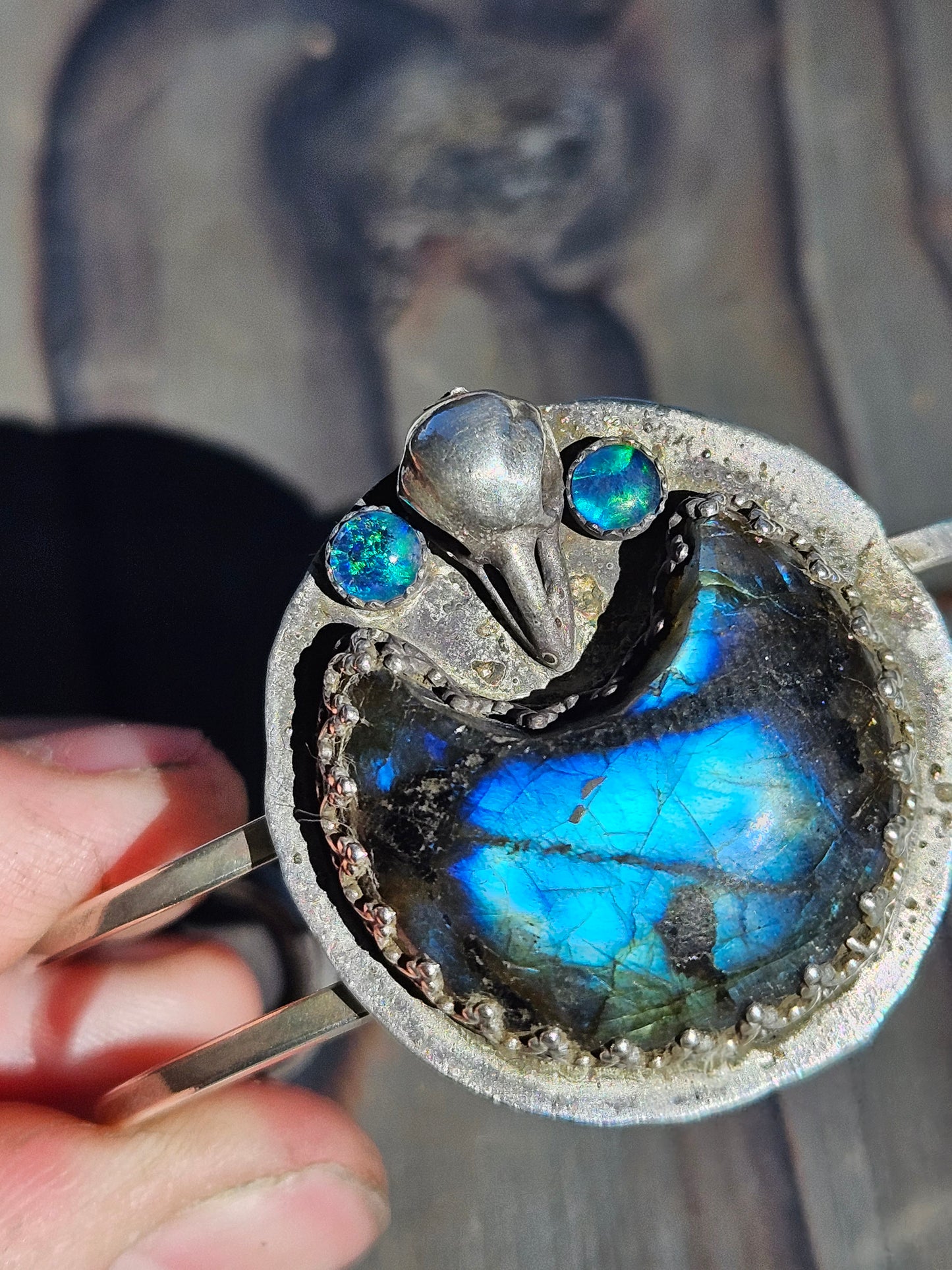 "Raven's Eye" Labradorite and Opal Cuff Bracelet