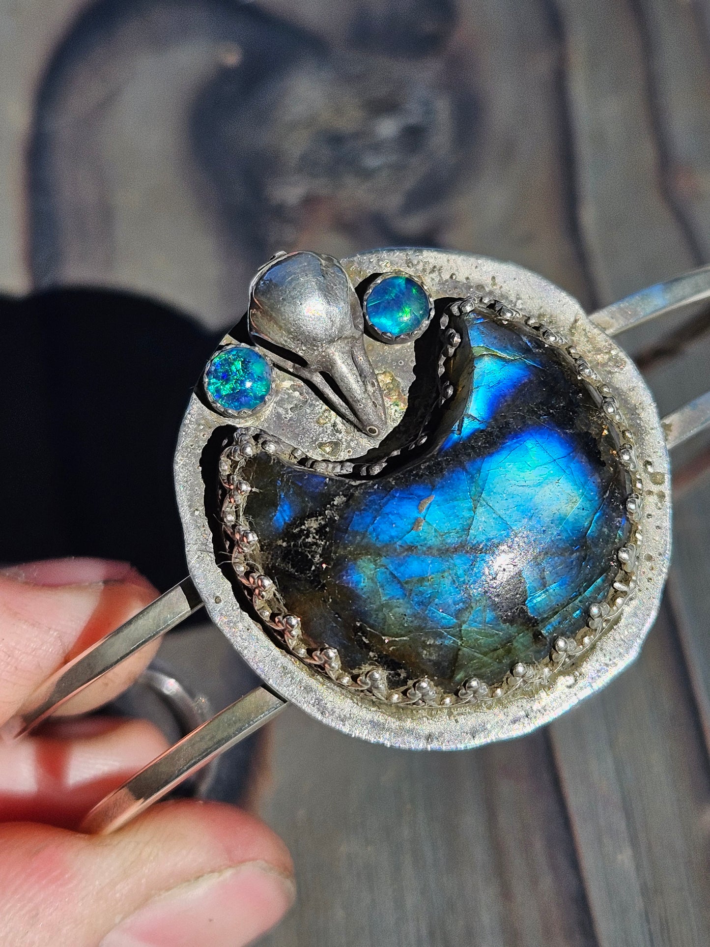 "Raven's Eye" Labradorite and Opal Cuff Bracelet