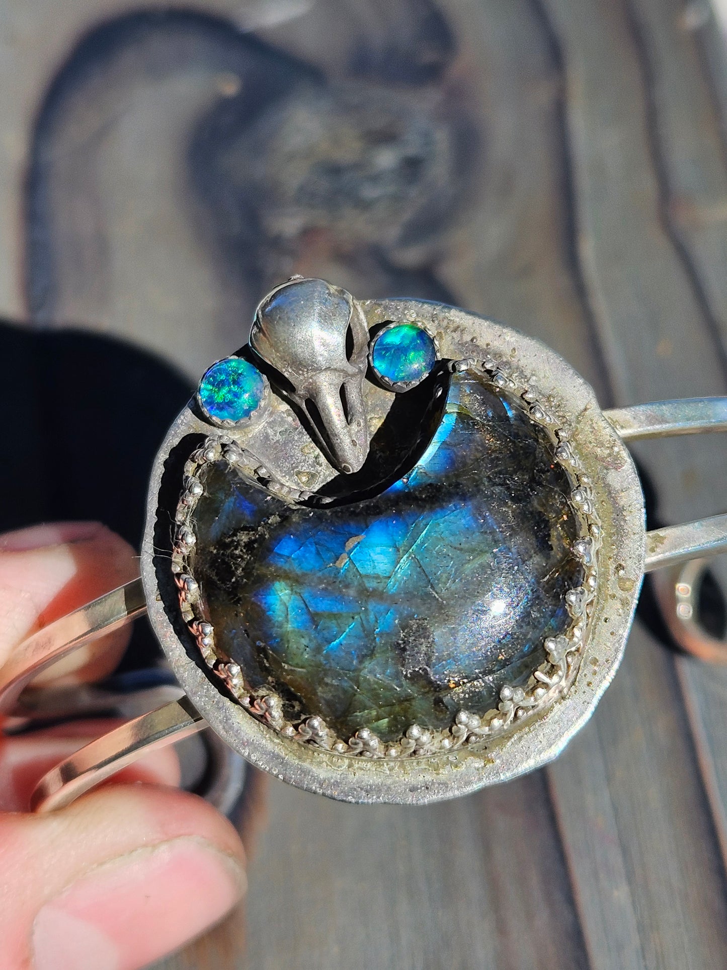 "Raven's Eye" Labradorite and Opal Cuff Bracelet