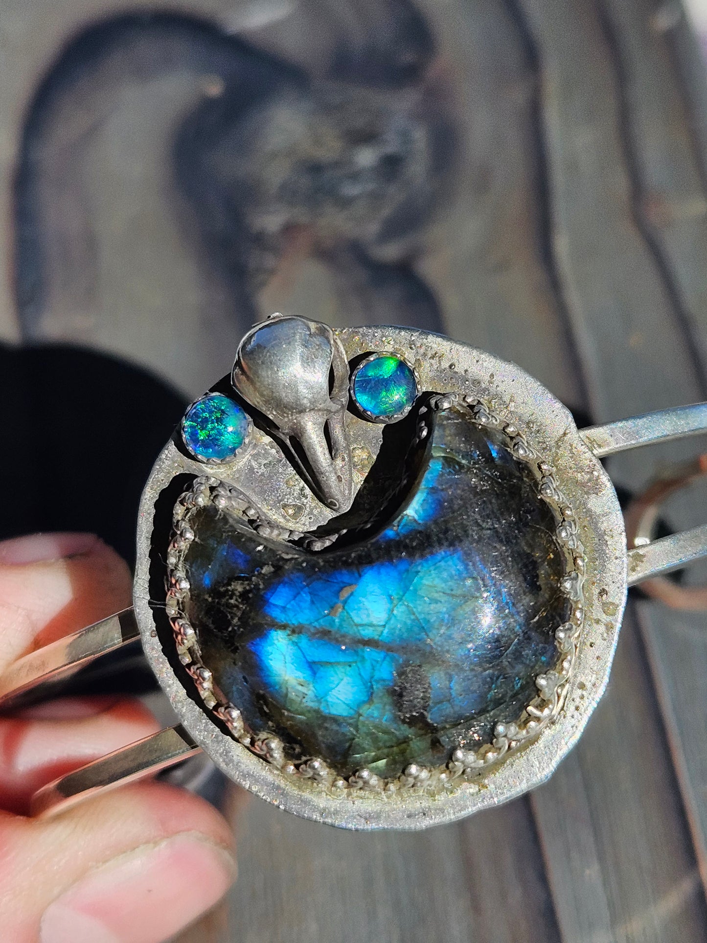 "Raven's Eye" Labradorite and Opal Cuff Bracelet