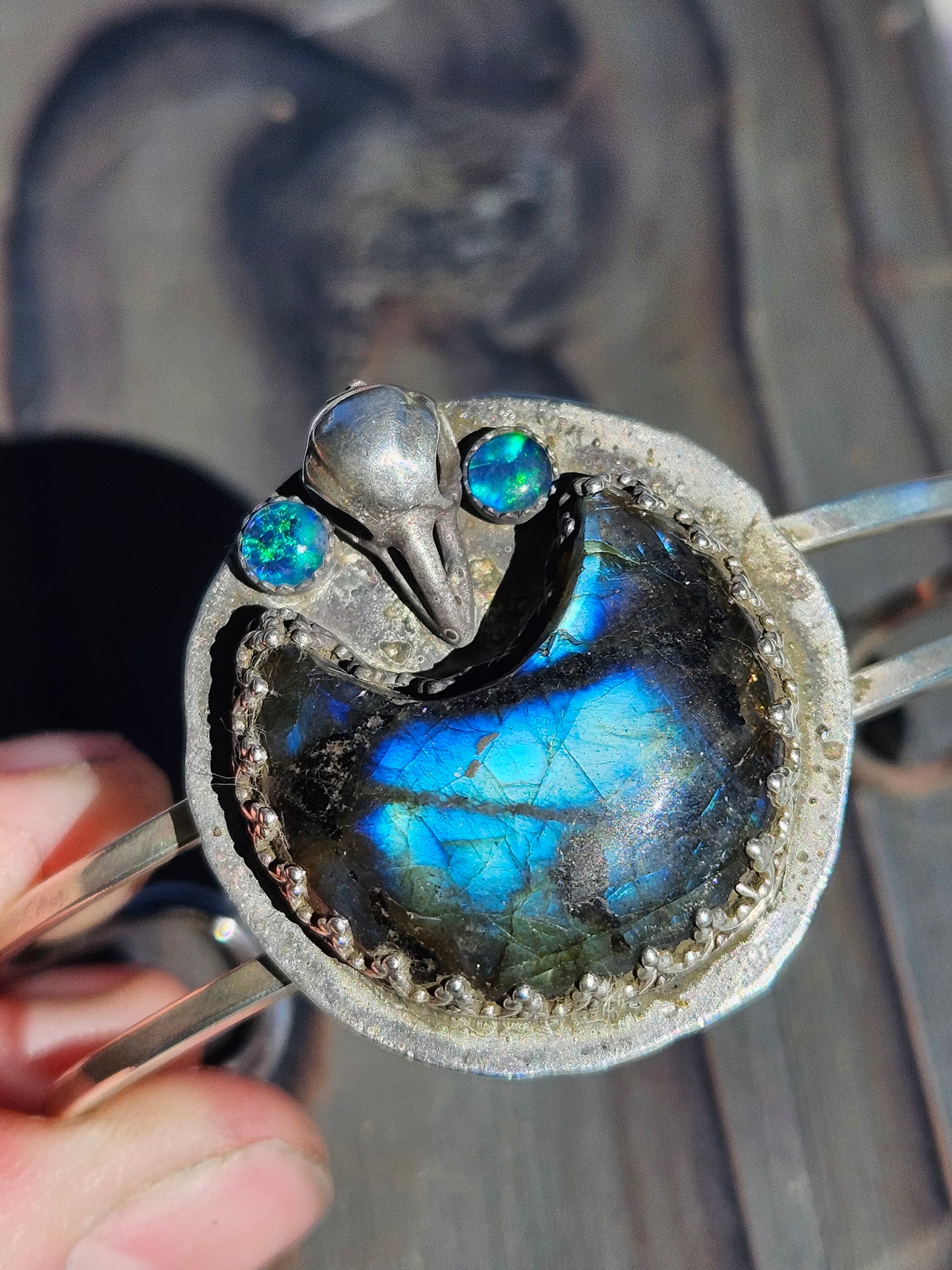"Raven's Eye" Labradorite and Opal Cuff Bracelet