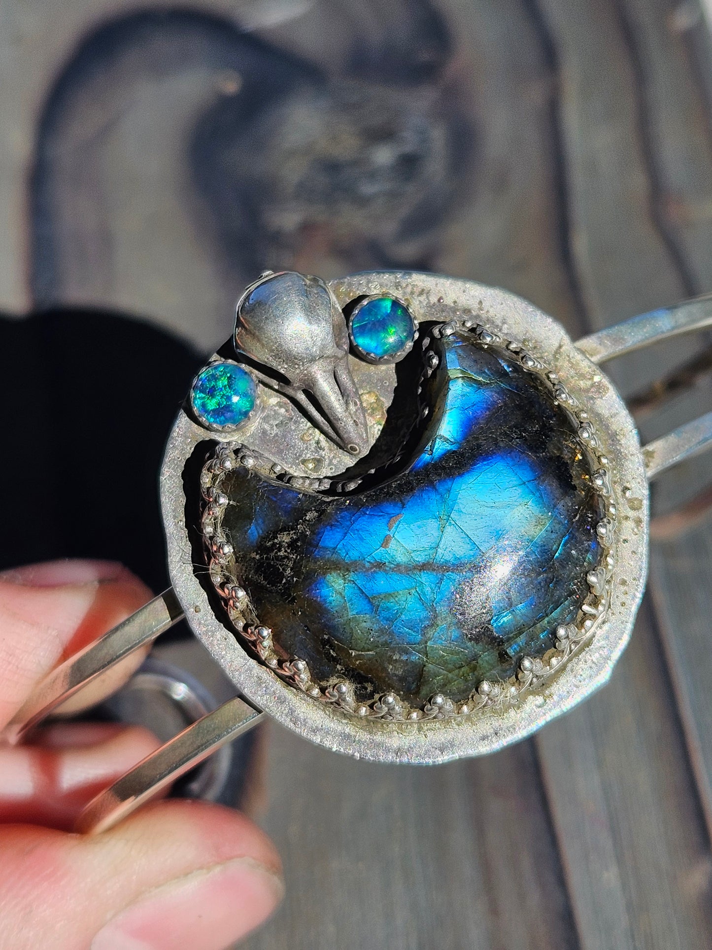 "Raven's Eye" Labradorite and Opal Cuff Bracelet