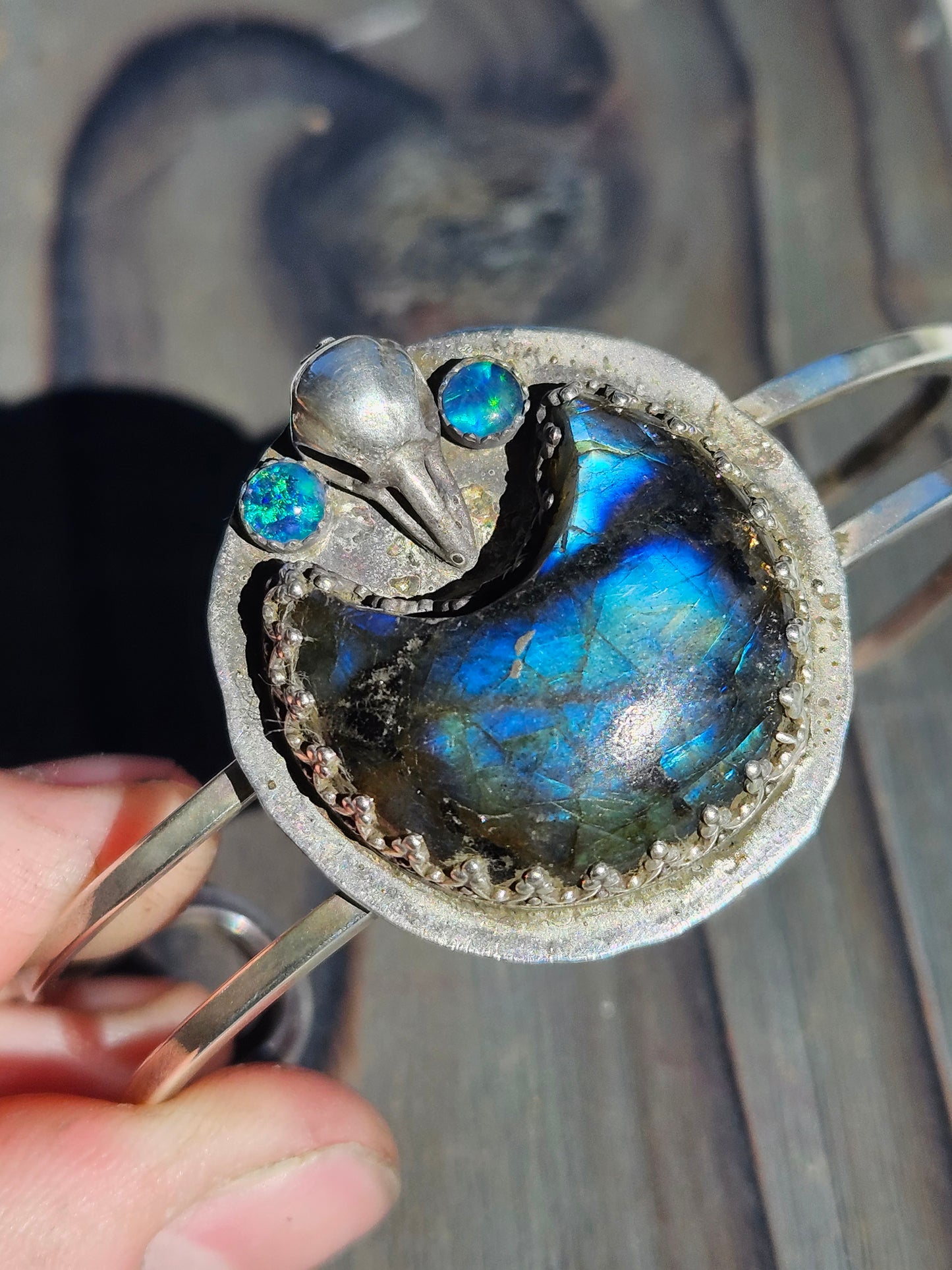 "Raven's Eye" Labradorite and Opal Cuff Bracelet