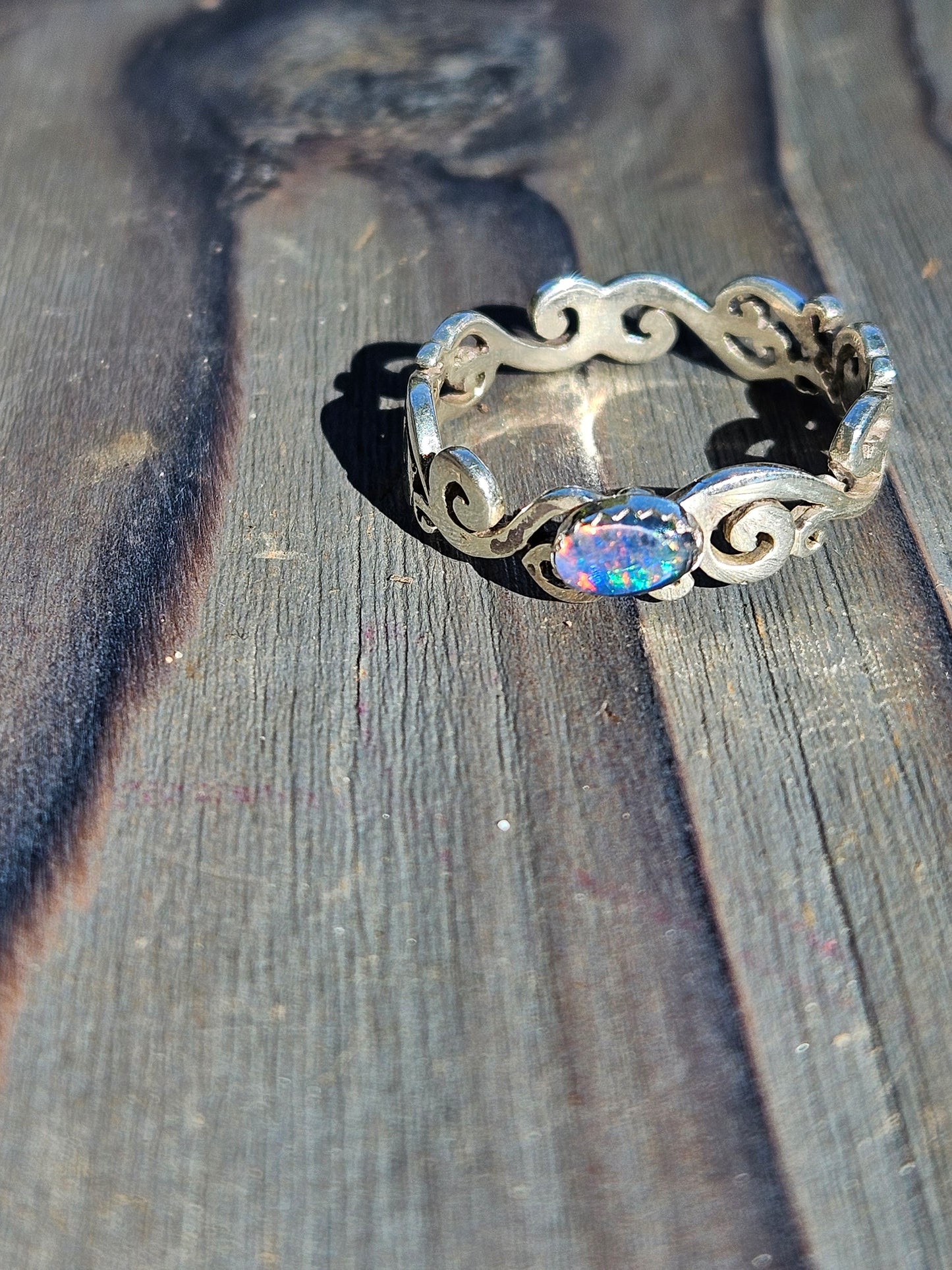 Black Opal Spiral Ring, Size 9.5