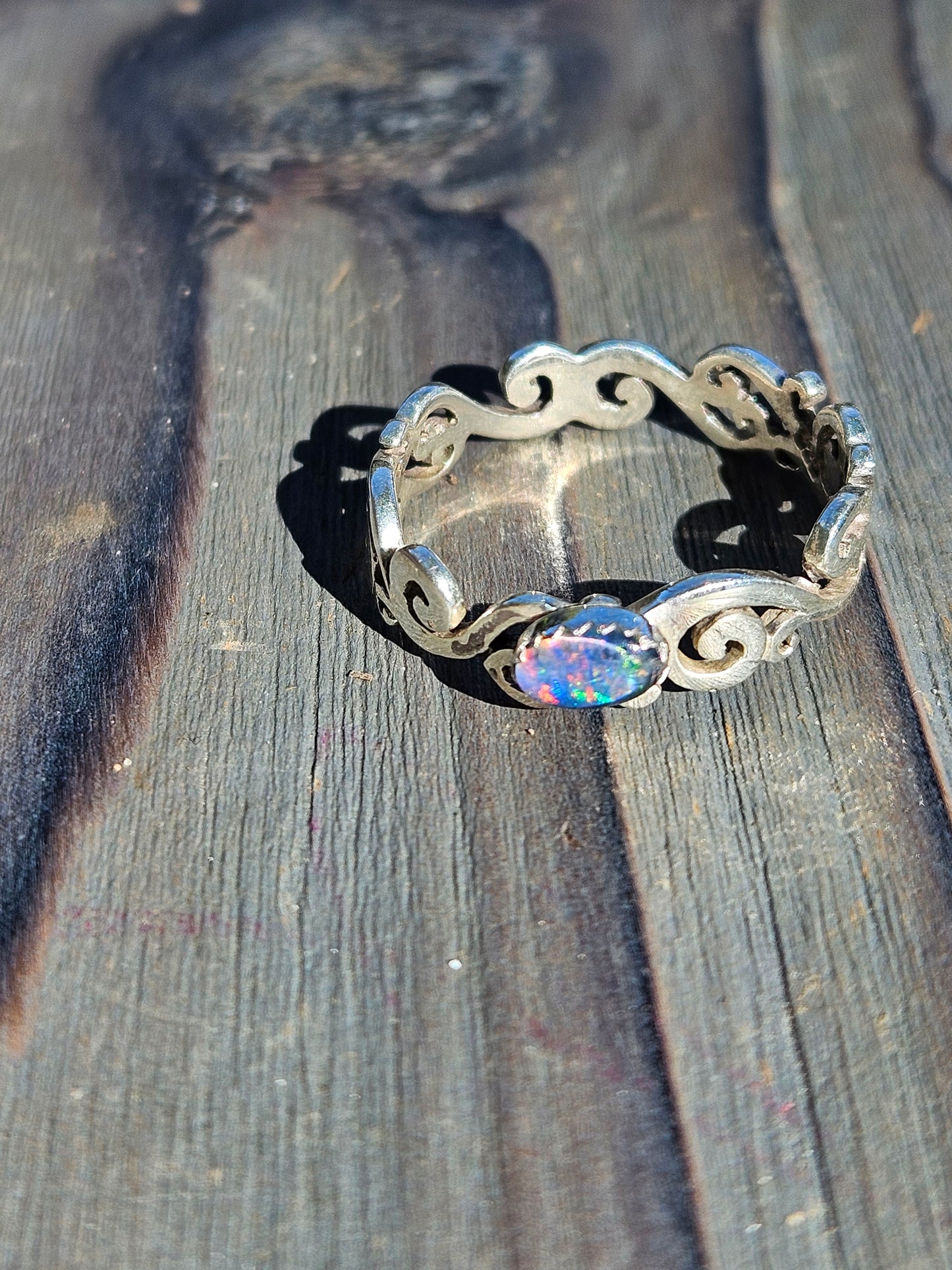 Black Opal Spiral Ring, Size 9.5