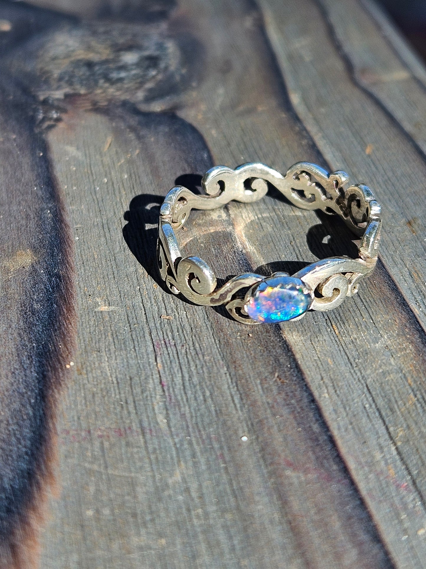 Black Opal Spiral Ring, Size 9.5
