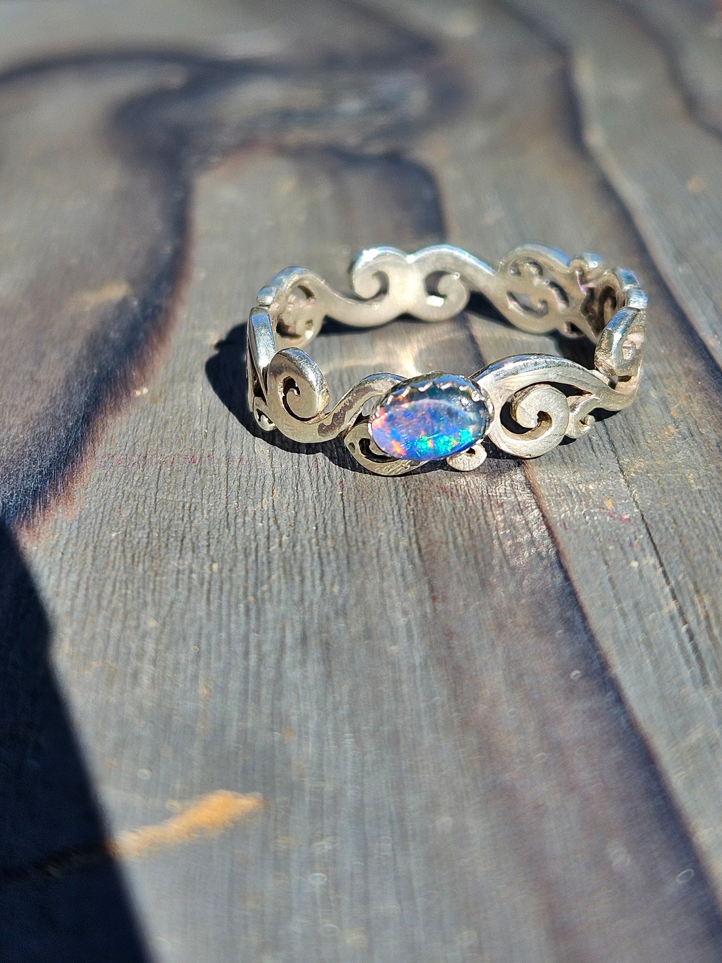 Black Opal Spiral Ring, Size 9.5