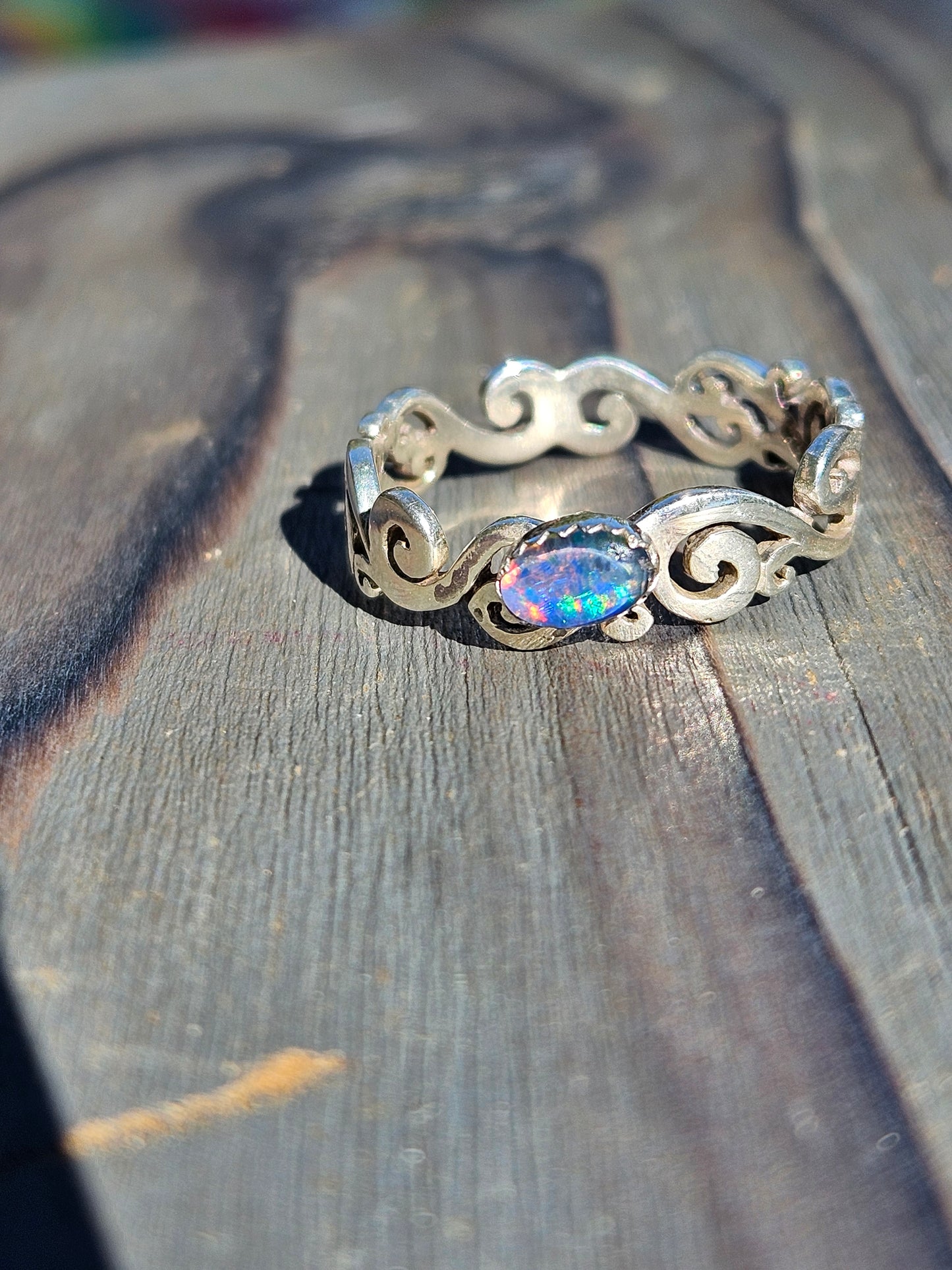 Black Opal Spiral Ring, Size 9.5