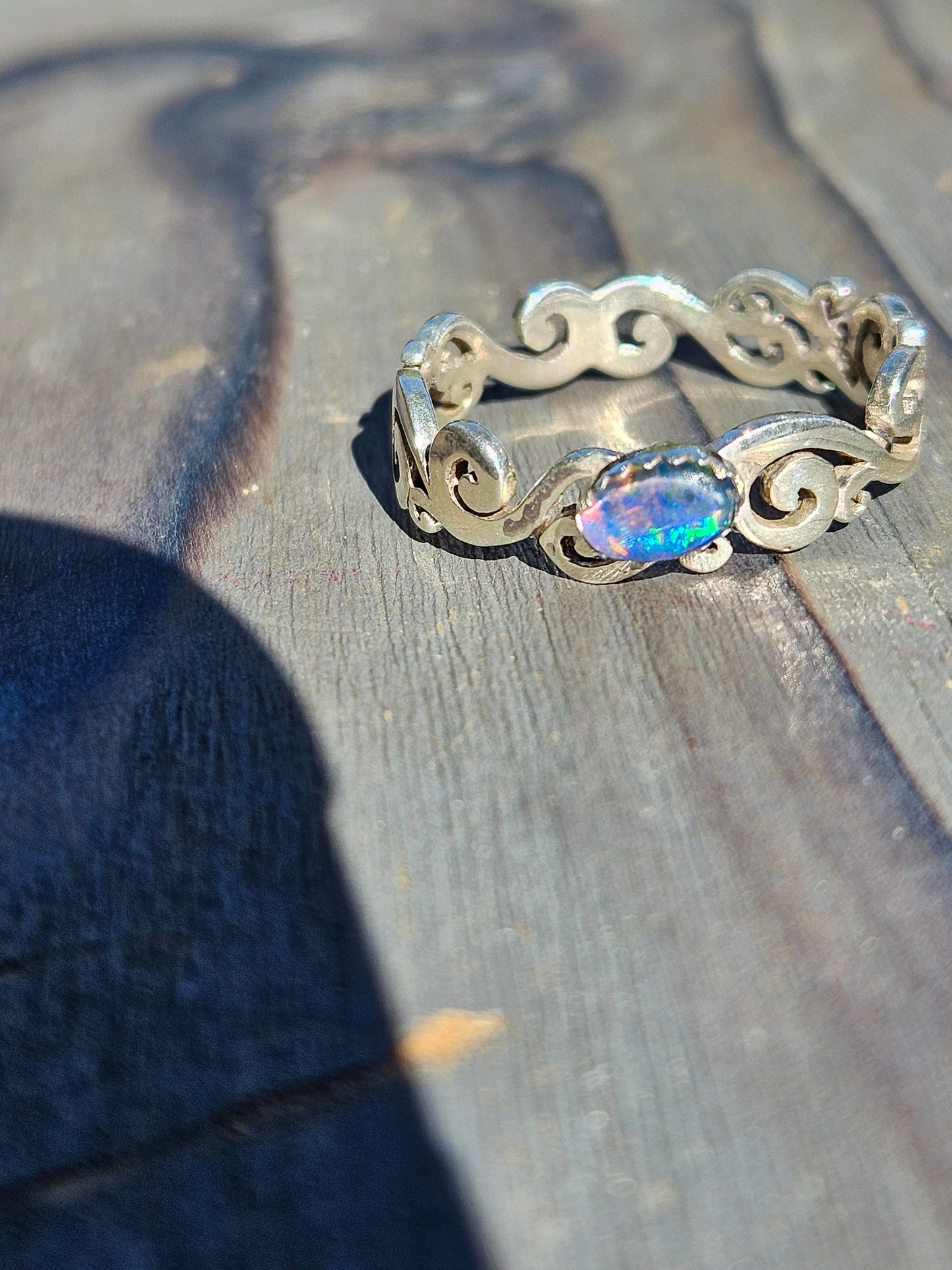 Black Opal Spiral Ring, Size 9.5