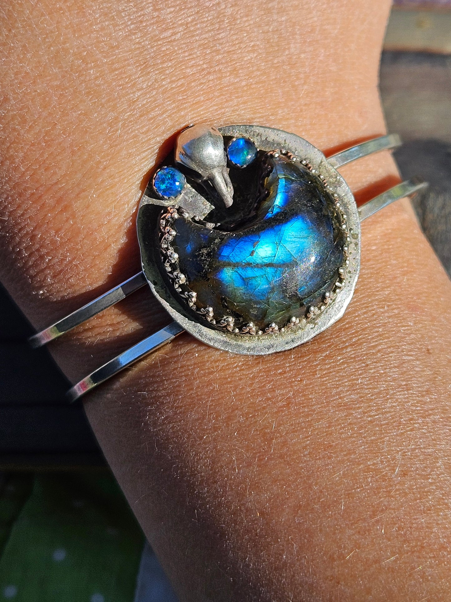 "Raven's Eye" Labradorite and Opal Cuff Bracelet