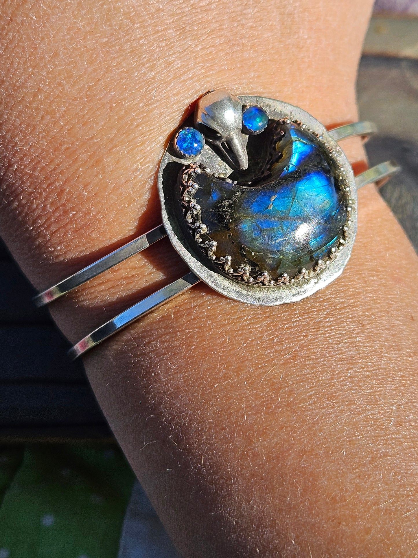 "Raven's Eye" Labradorite and Opal Cuff Bracelet