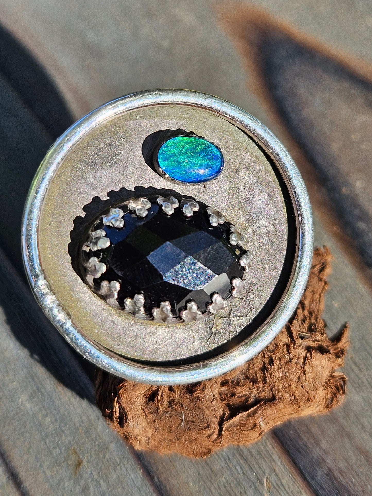 "Black Beauty" Black Opal and Onyx Ring, Size 9
