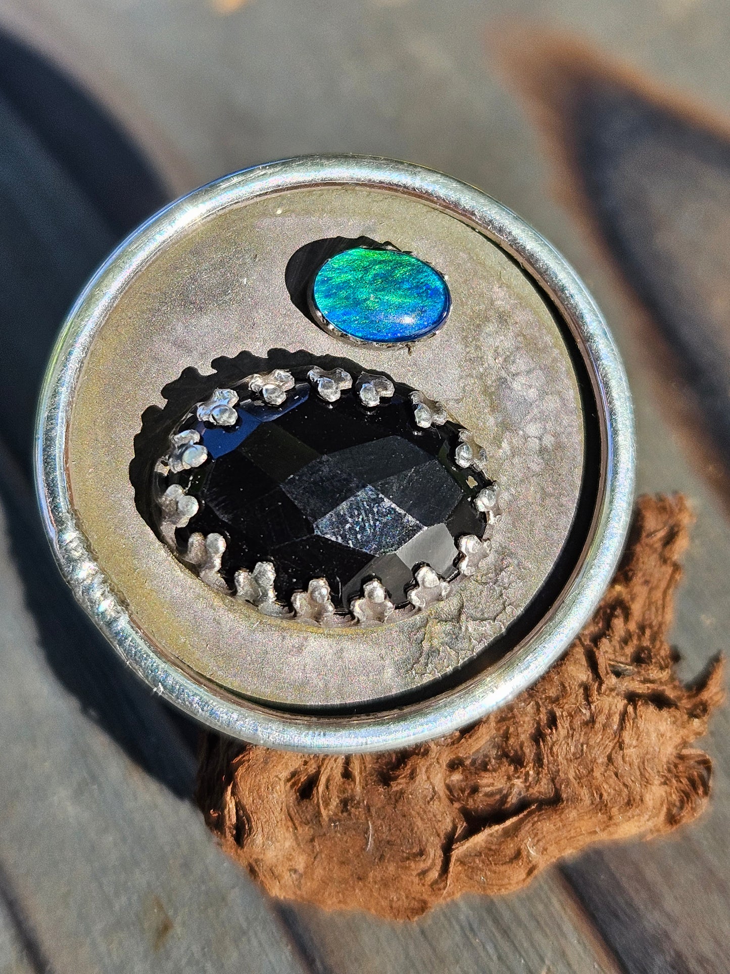 "Black Beauty" Black Opal and Onyx Ring, Size 9