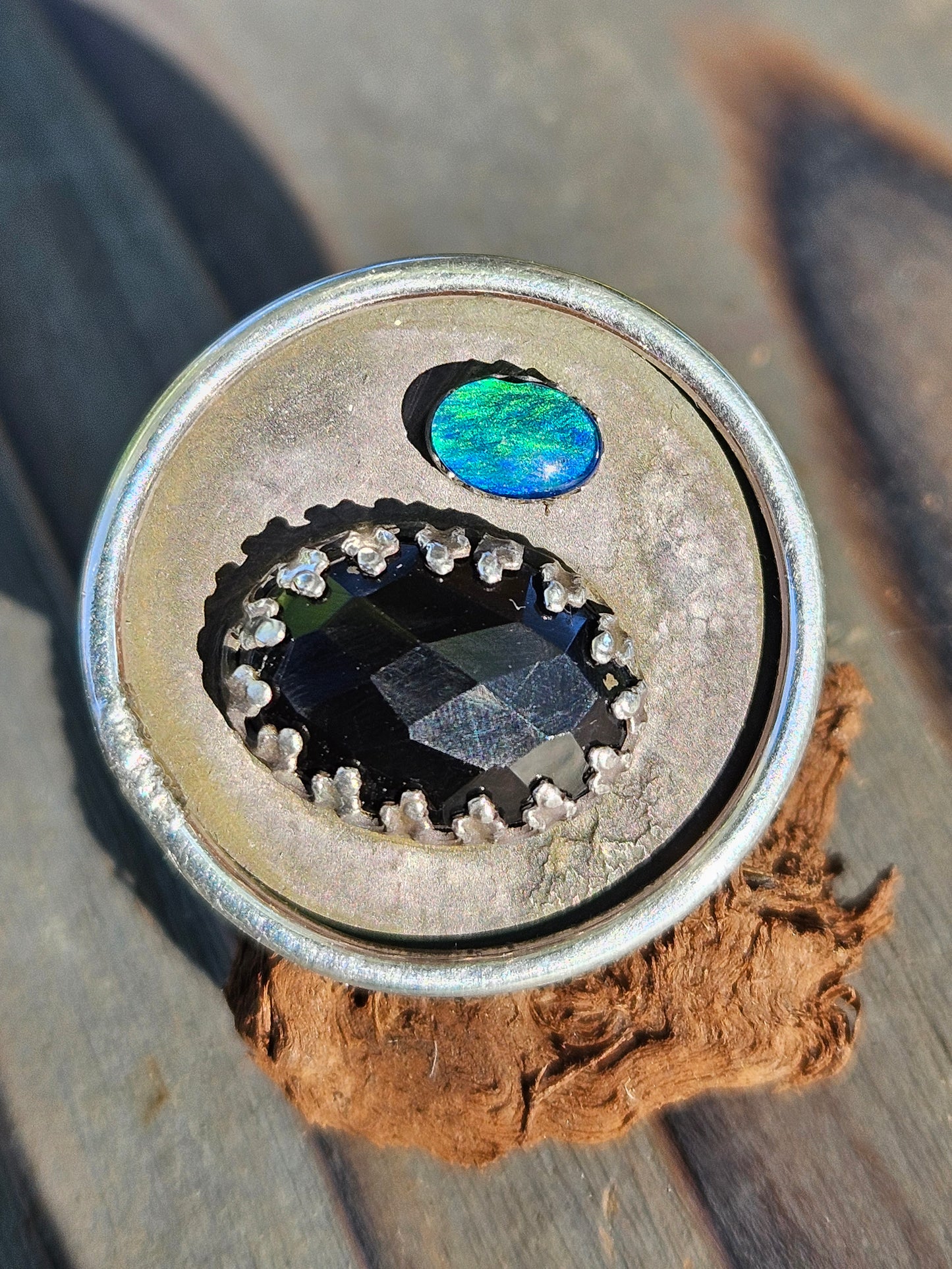 "Black Beauty" Black Opal and Onyx Ring, Size 9