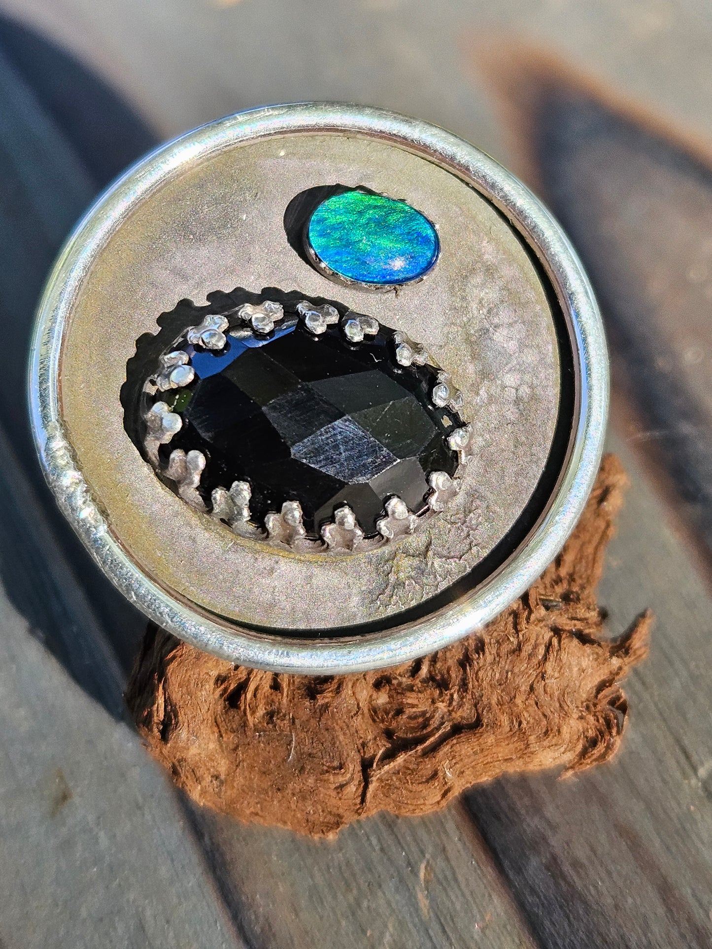 "Black Beauty" Black Opal and Onyx Ring, Size 9
