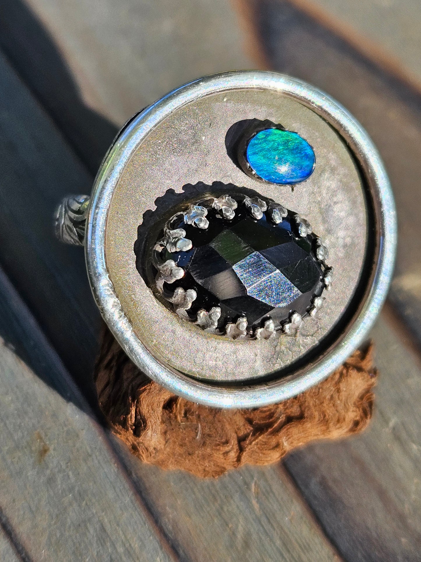 "Black Beauty" Black Opal and Onyx Ring, Size 9