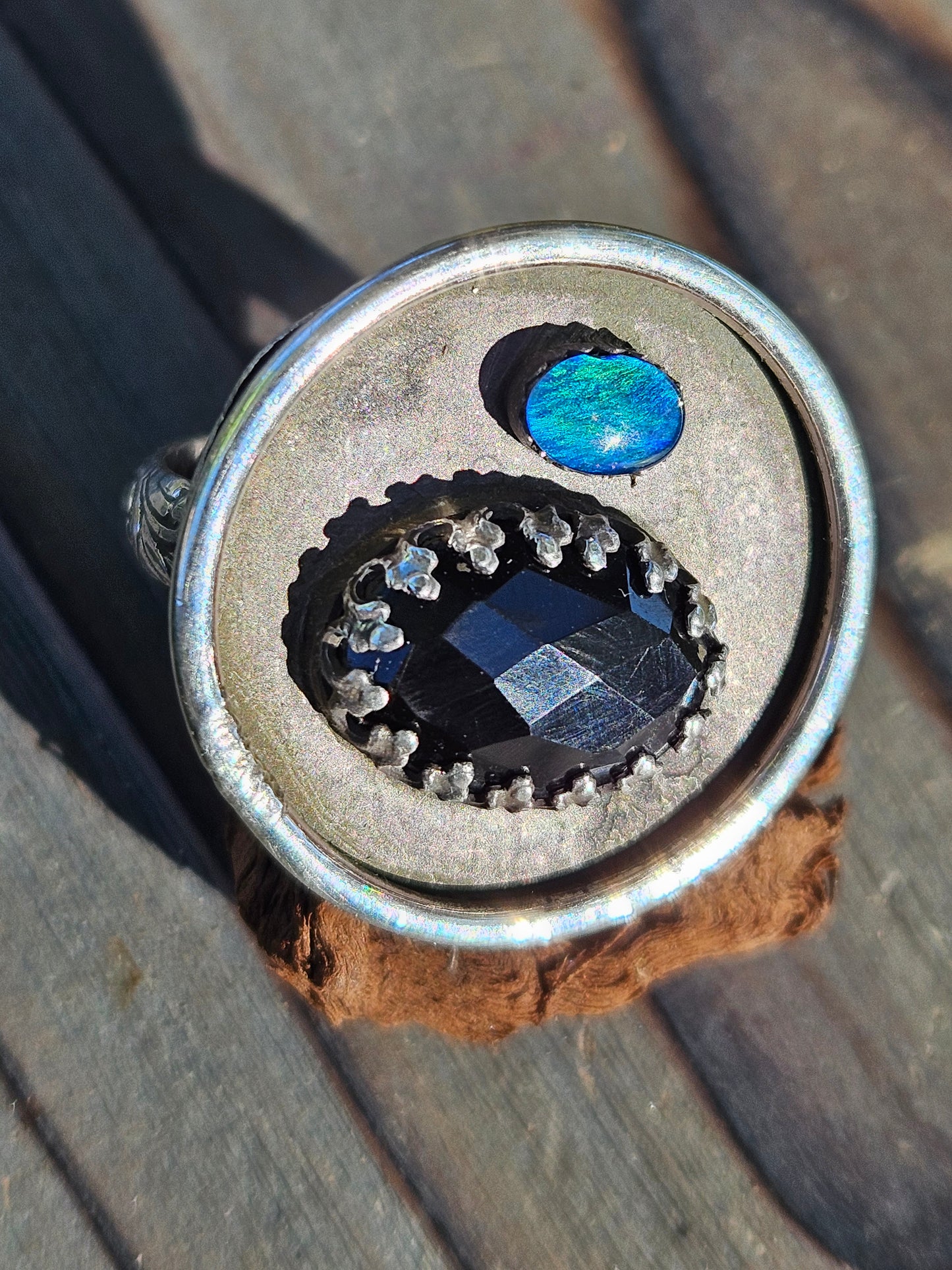 "Black Beauty" Black Opal and Onyx Ring, Size 9
