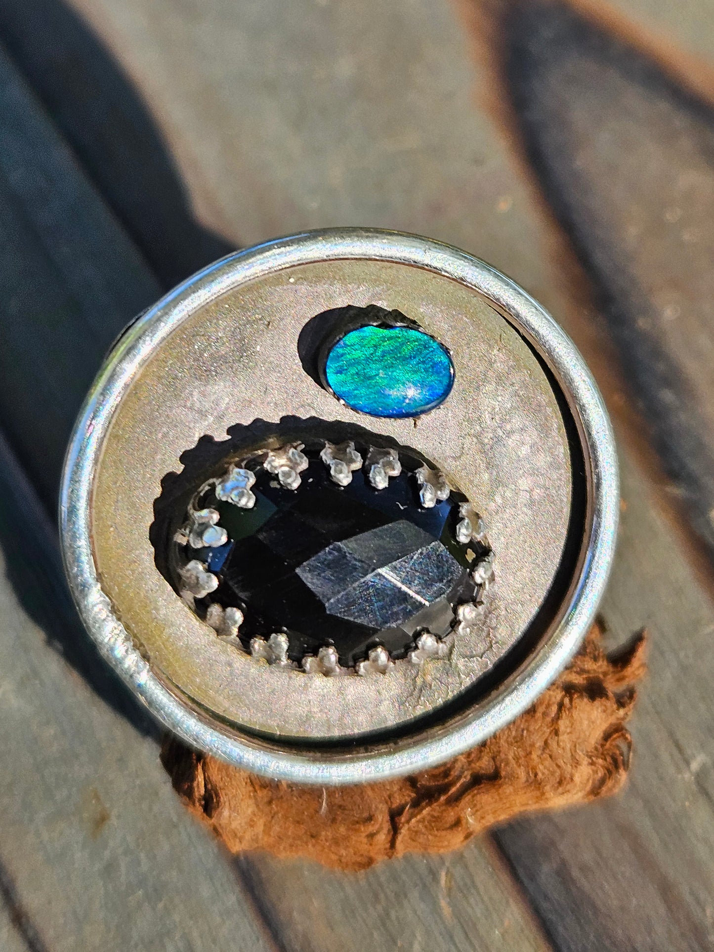 "Black Beauty" Black Opal and Onyx Ring, Size 9