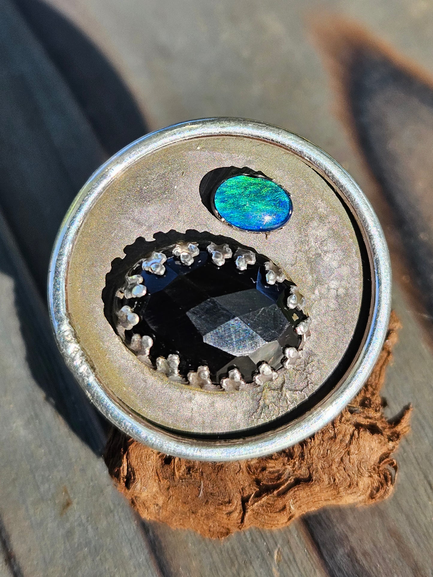 "Black Beauty" Black Opal and Onyx Ring, Size 9