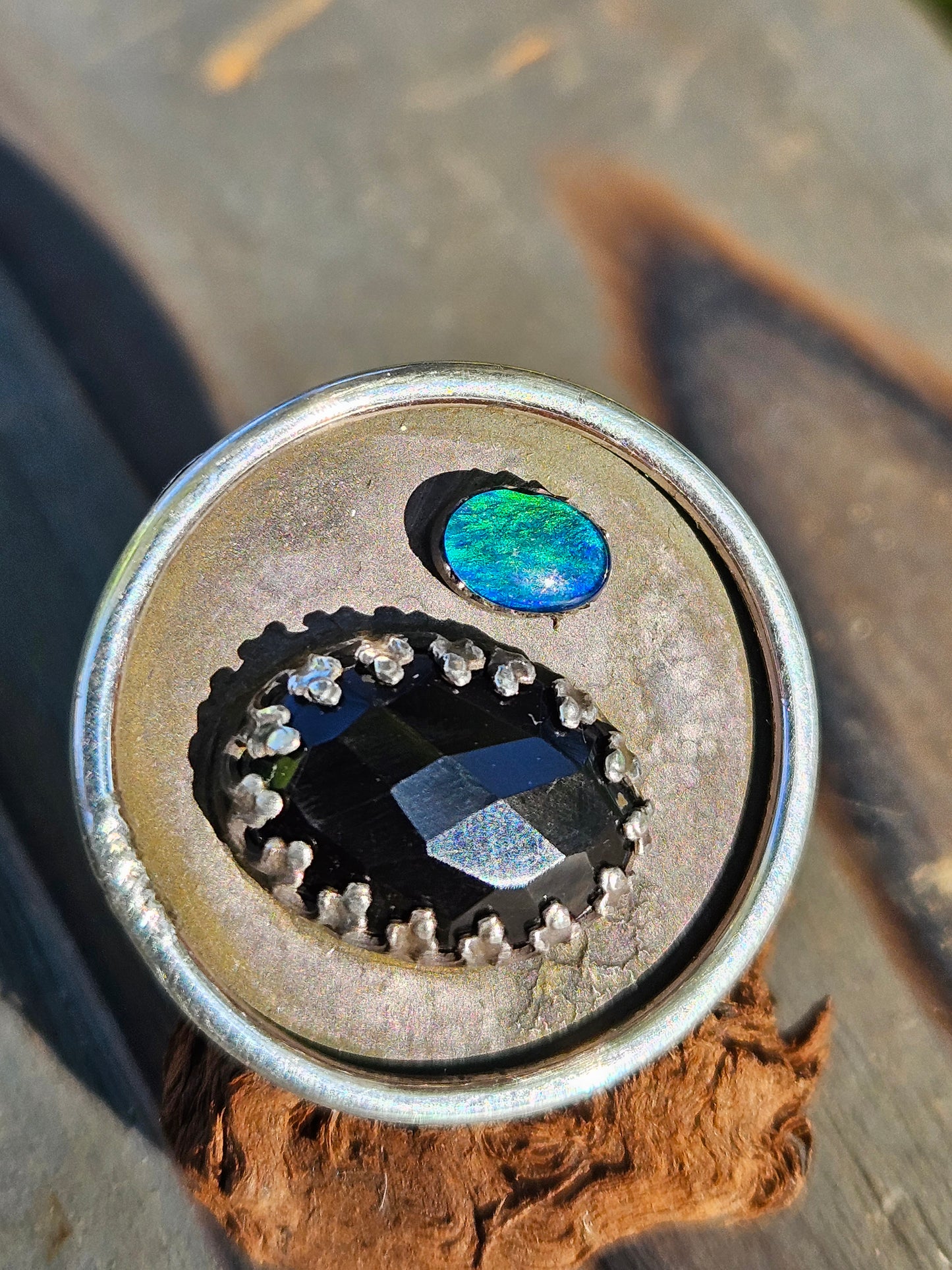 "Black Beauty" Black Opal and Onyx Ring, Size 9