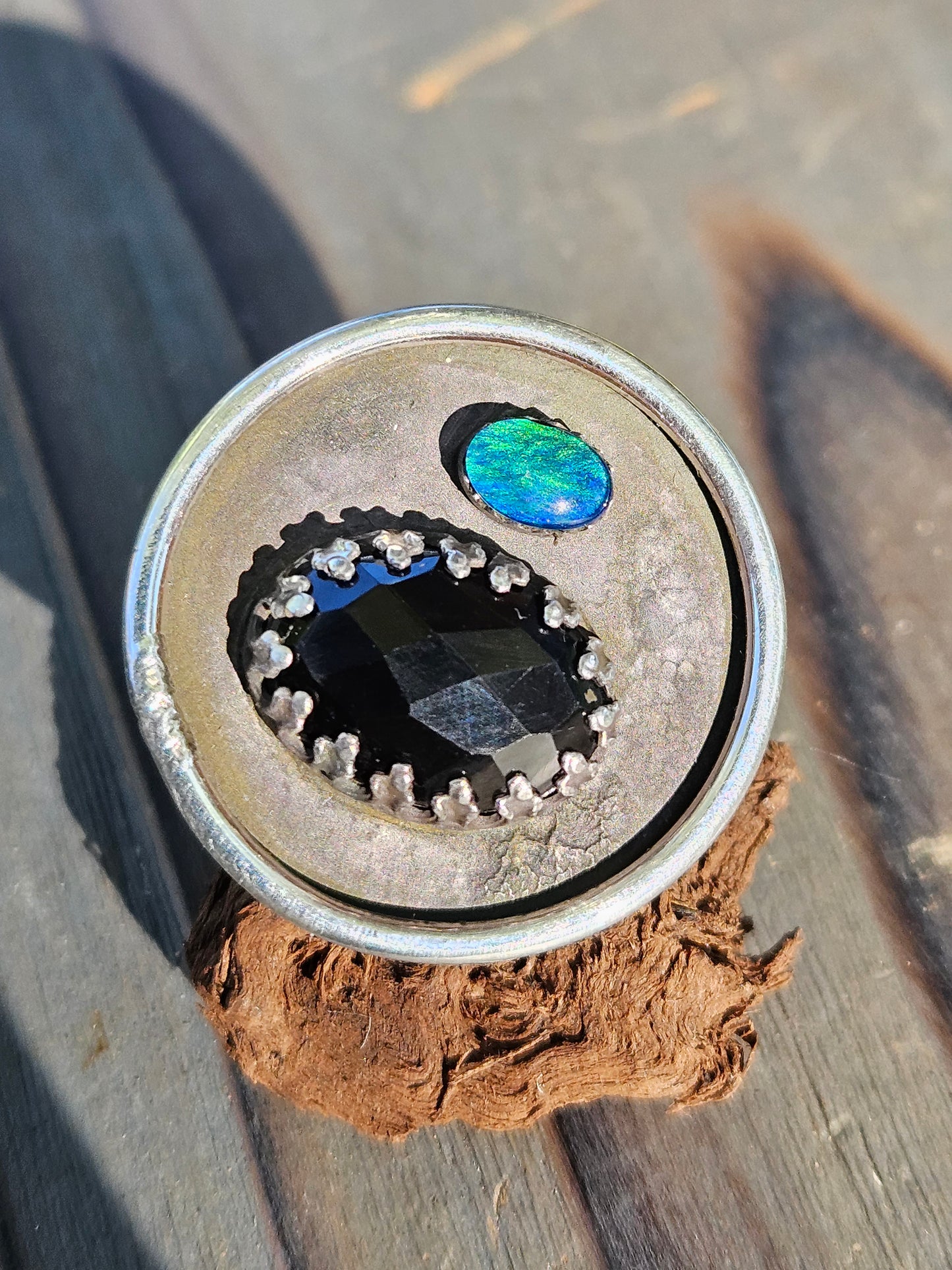 "Black Beauty" Black Opal and Onyx Ring, Size 9
