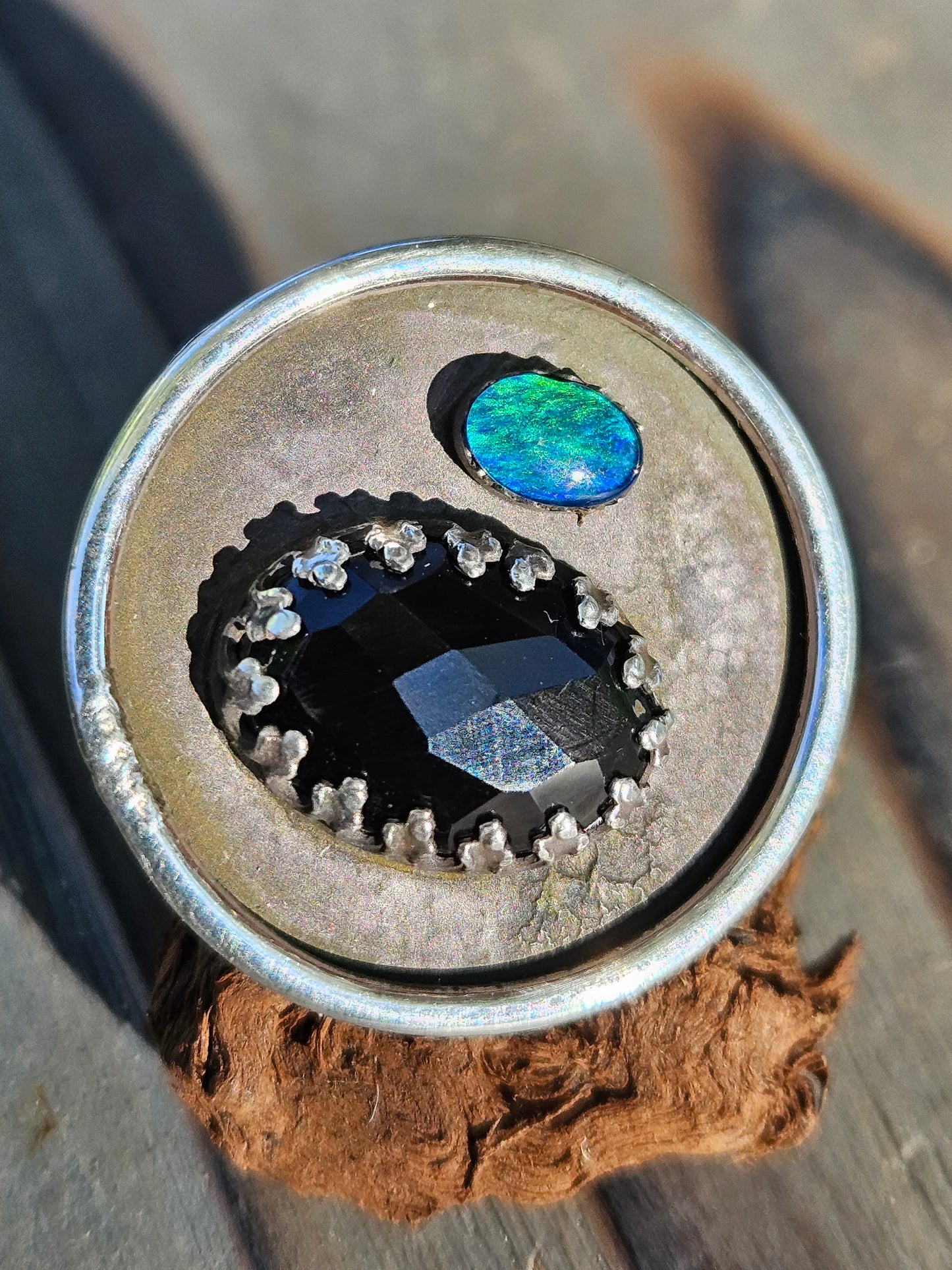 "Black Beauty" Black Opal and Onyx Ring, Size 9