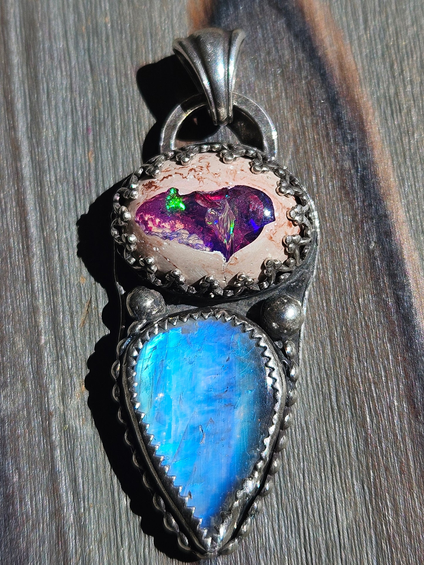 Mexican Galaxy Opal and Moonstone Pendant