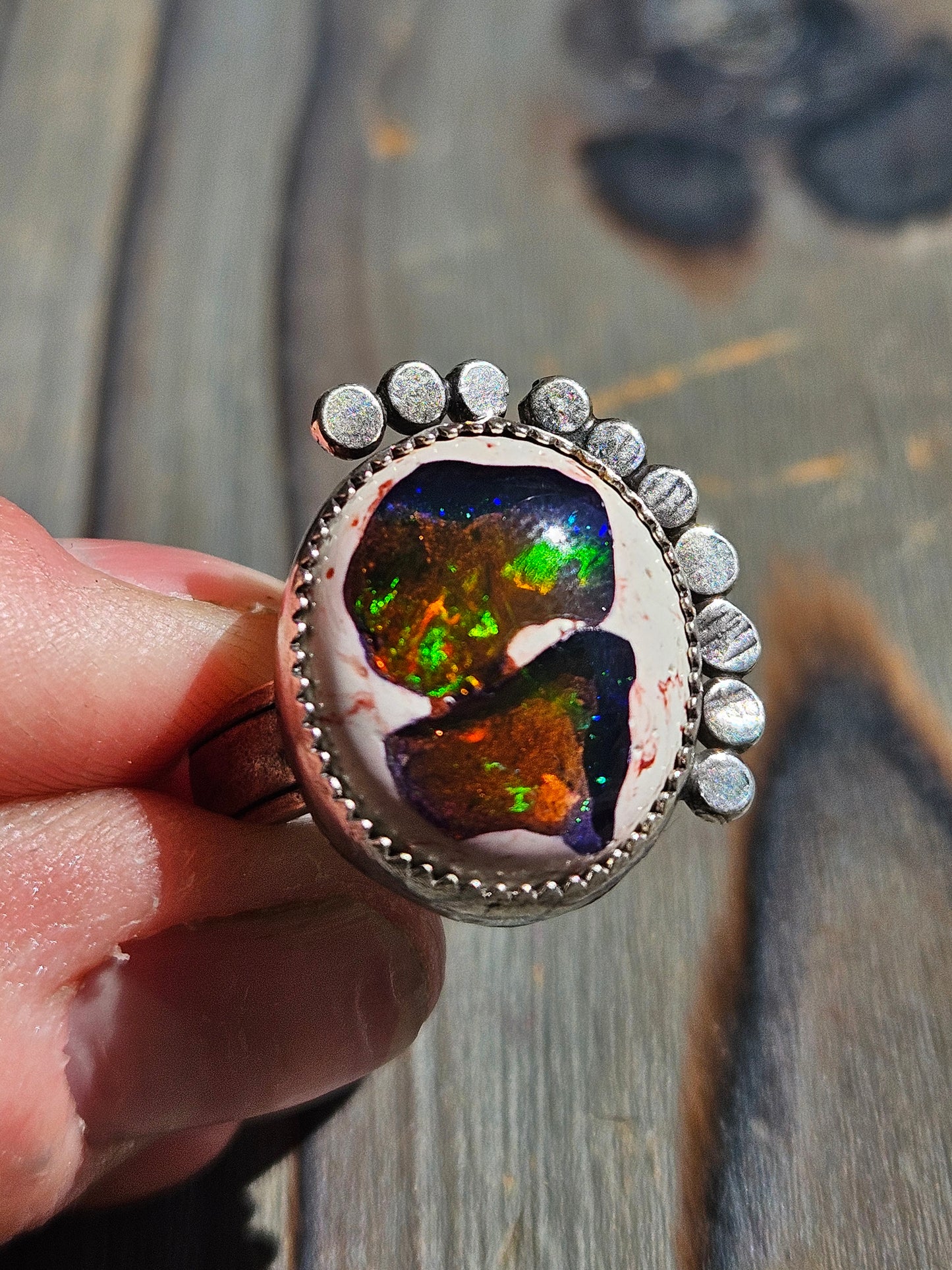 "Shine" Mexican Galaxy Opal Ring, Size 8.5