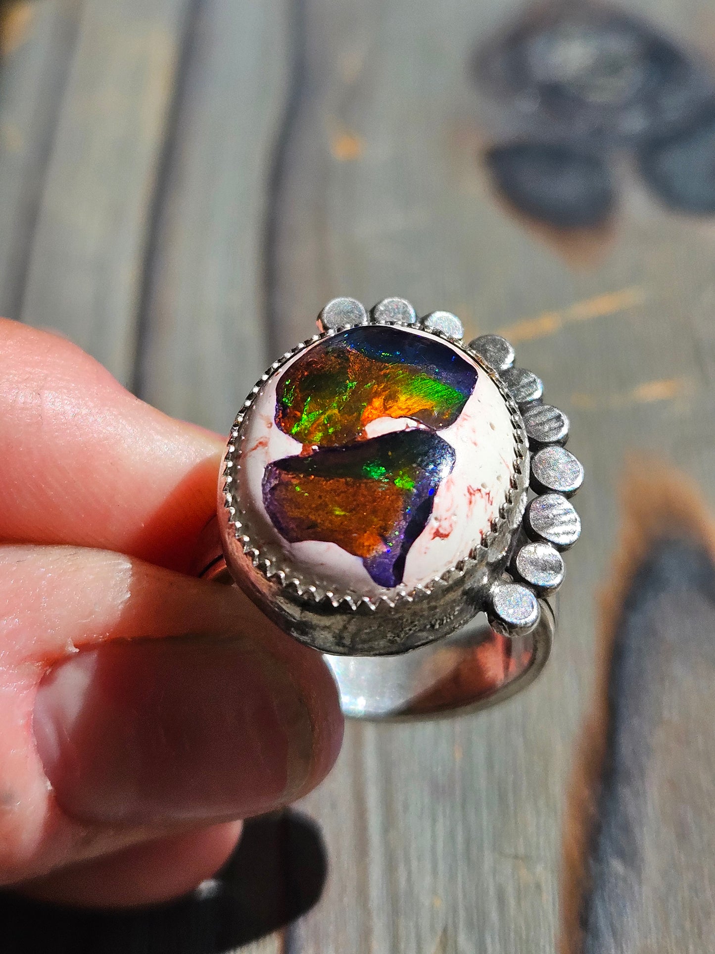 "Shine" Mexican Galaxy Opal Ring, Size 8.5