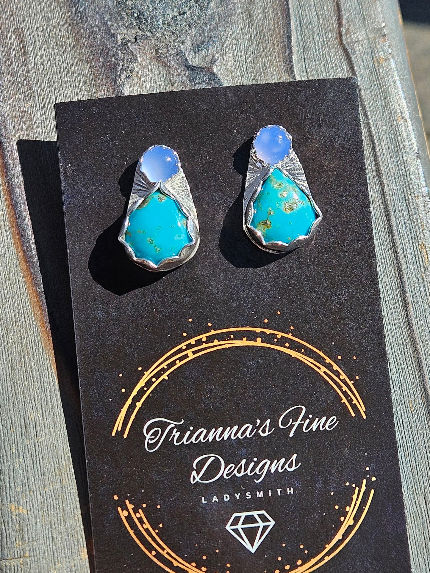 Smoke Lavender Chalcedony and Turquoise Stud Earrings