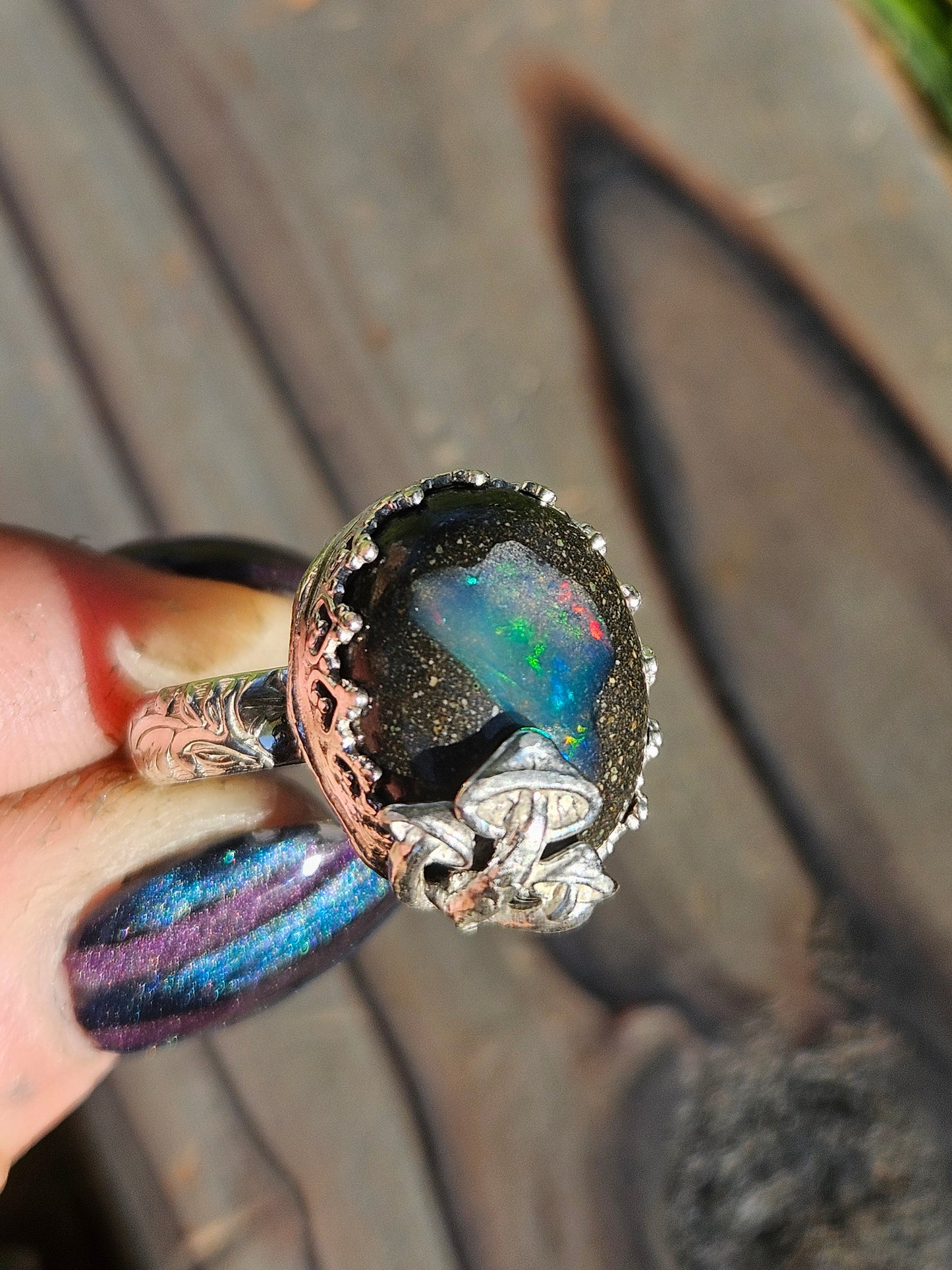 Galaxy Opal and Mushroom Ring, Size 9
