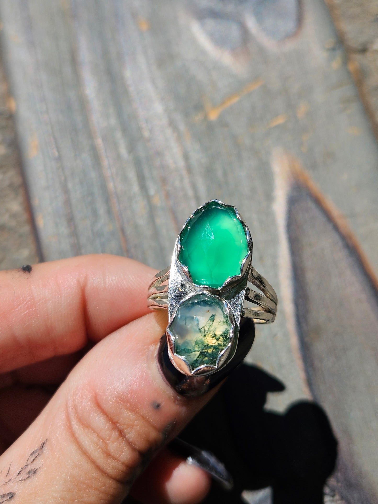 Green Chalcedony and Moss Agate Ring, Size 8