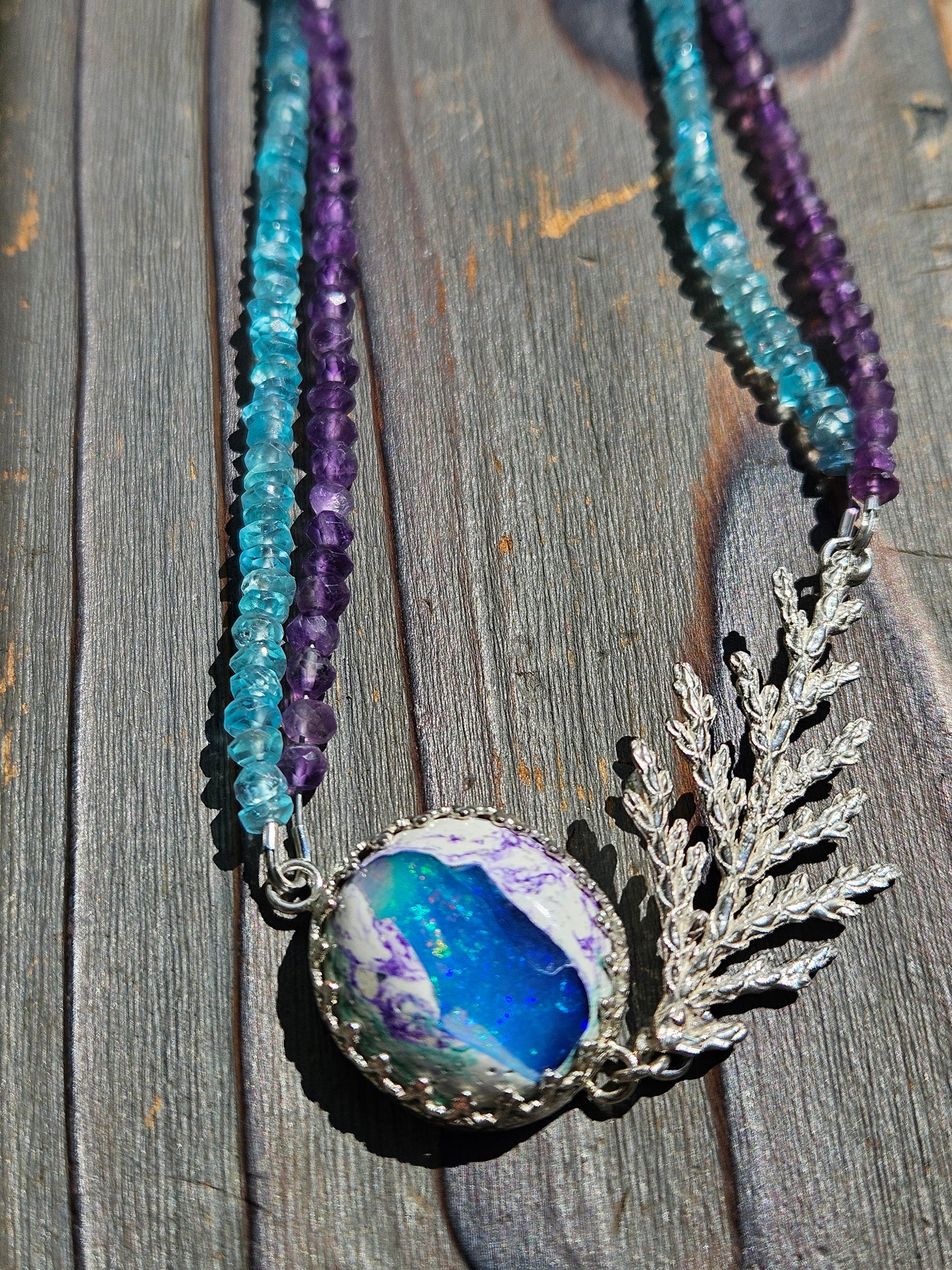 Galaxy Opal Cedar Necklace with Amethyst and Apatite