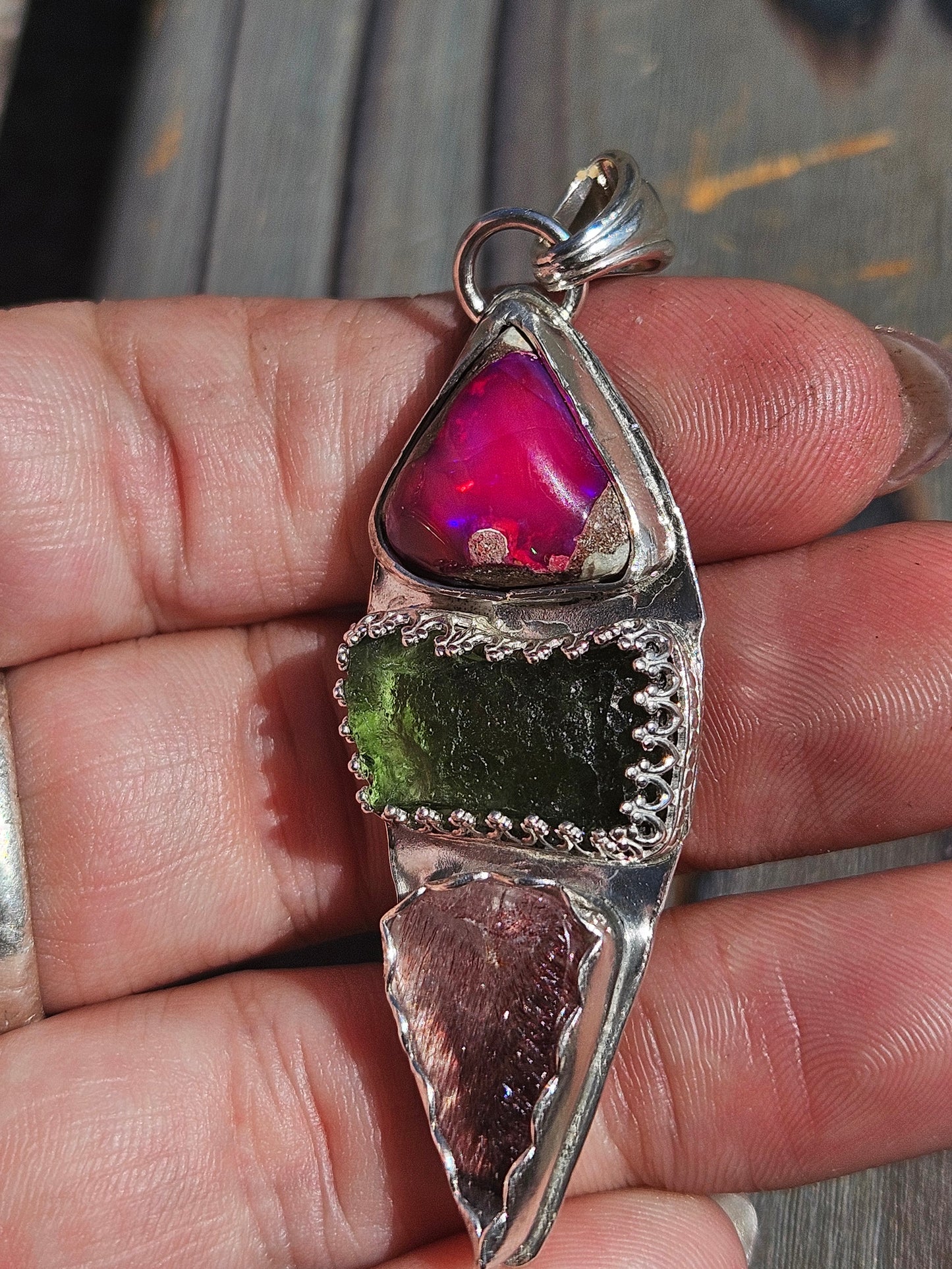 Galaxy Opal, Moldavite and Super 7 Pendant