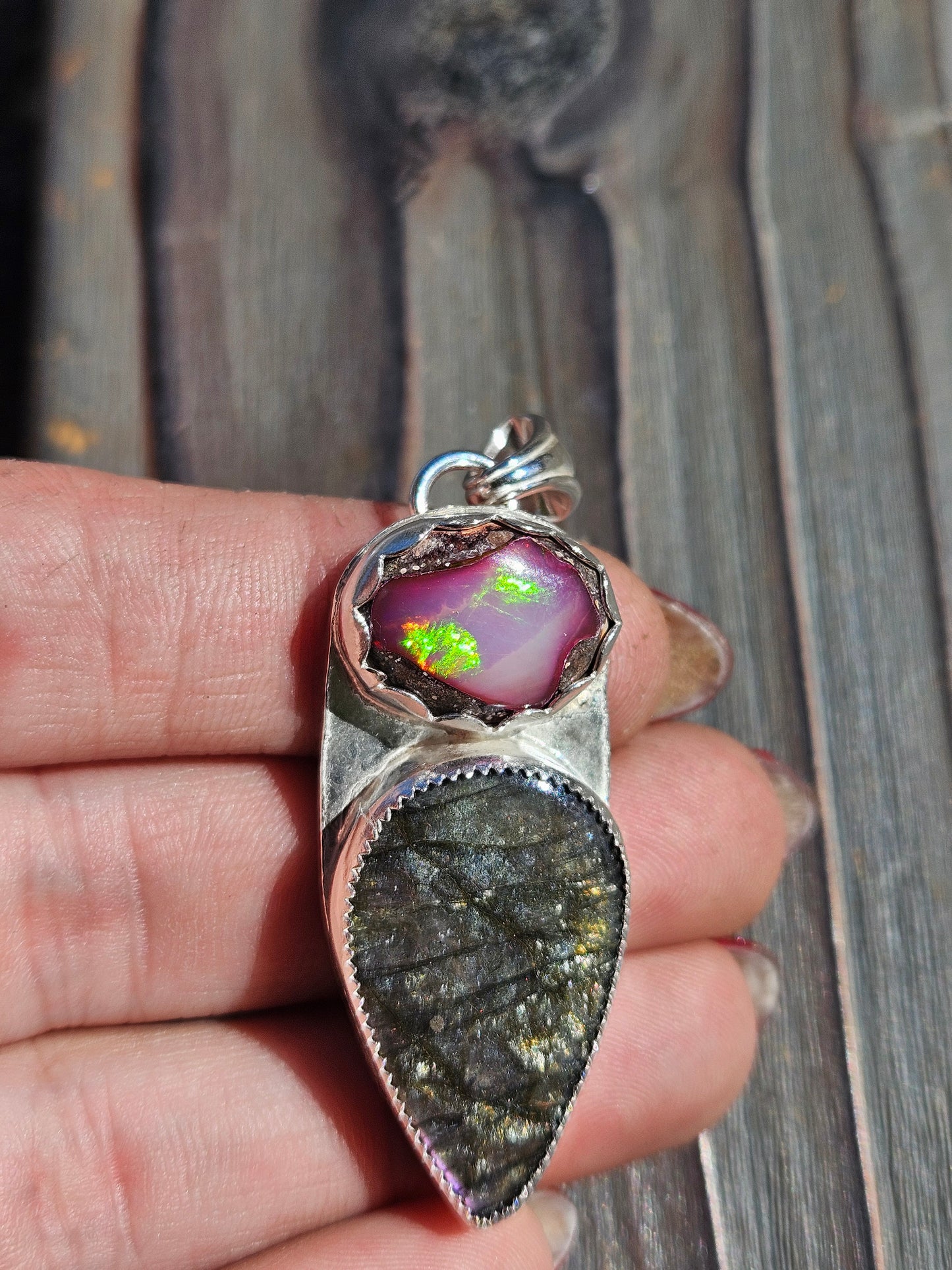 Pink Galaxy Opal and Labradorite Pendant