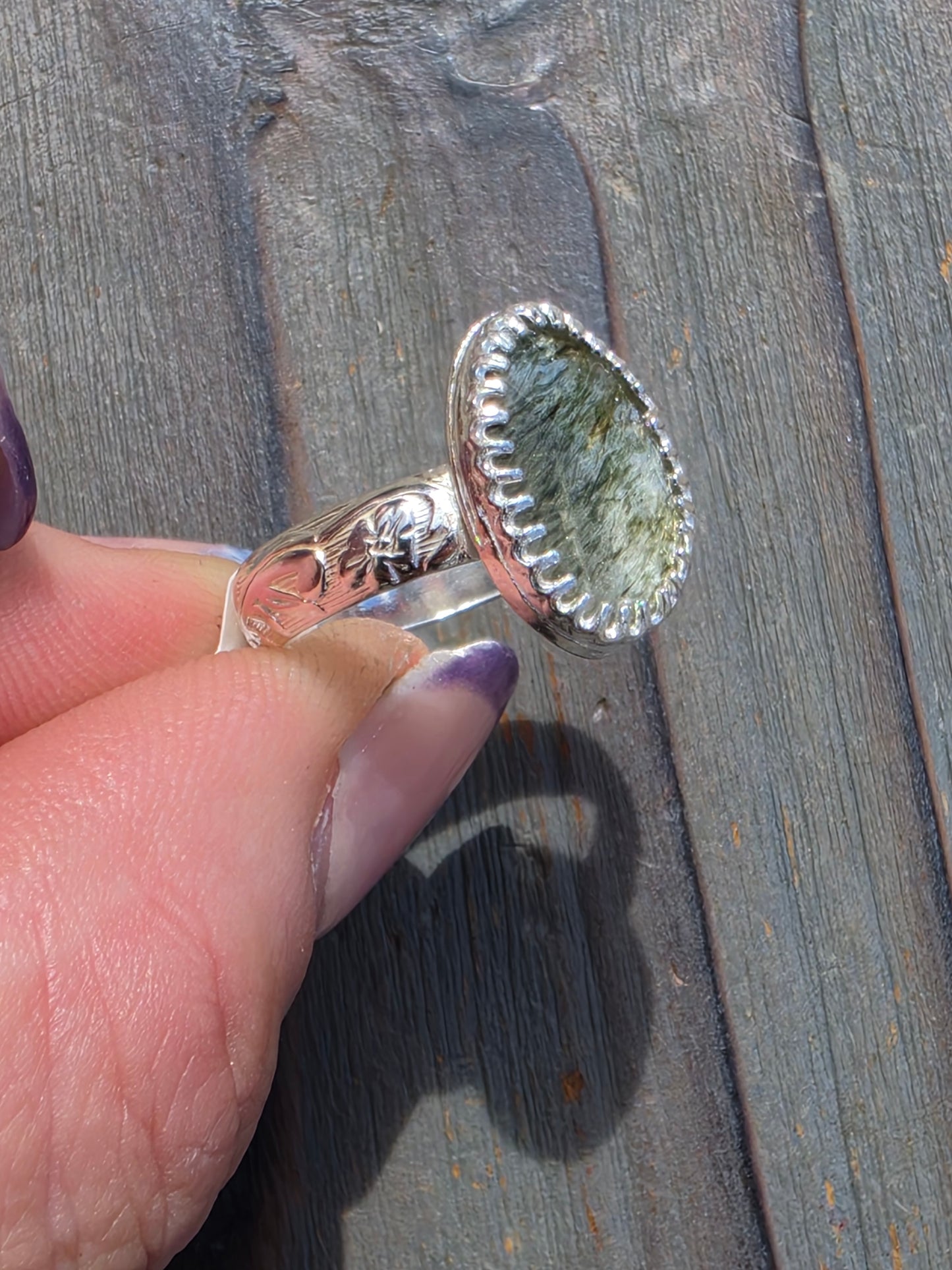 Green Rutiled Quartz Ring, Size 8