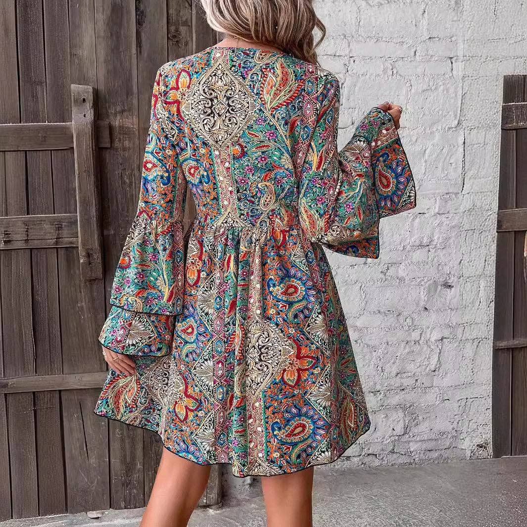Floral Print V Neck Bell Sleeve Dress