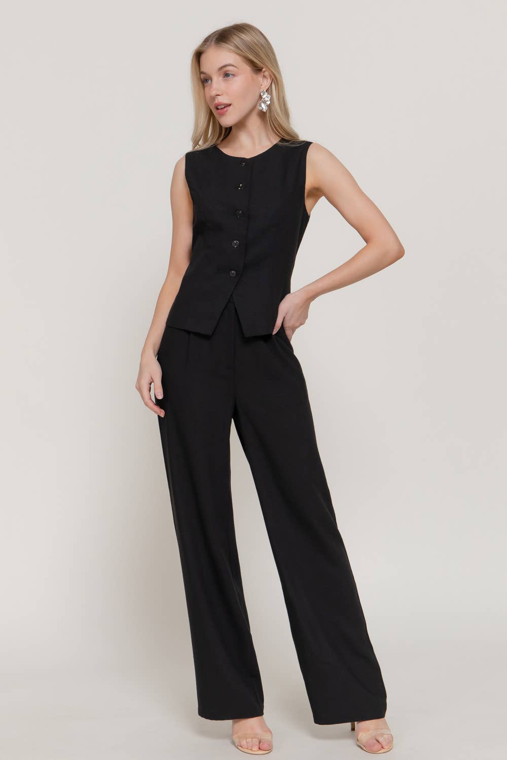 Round Neck Front Buttons Linen Effect Vest