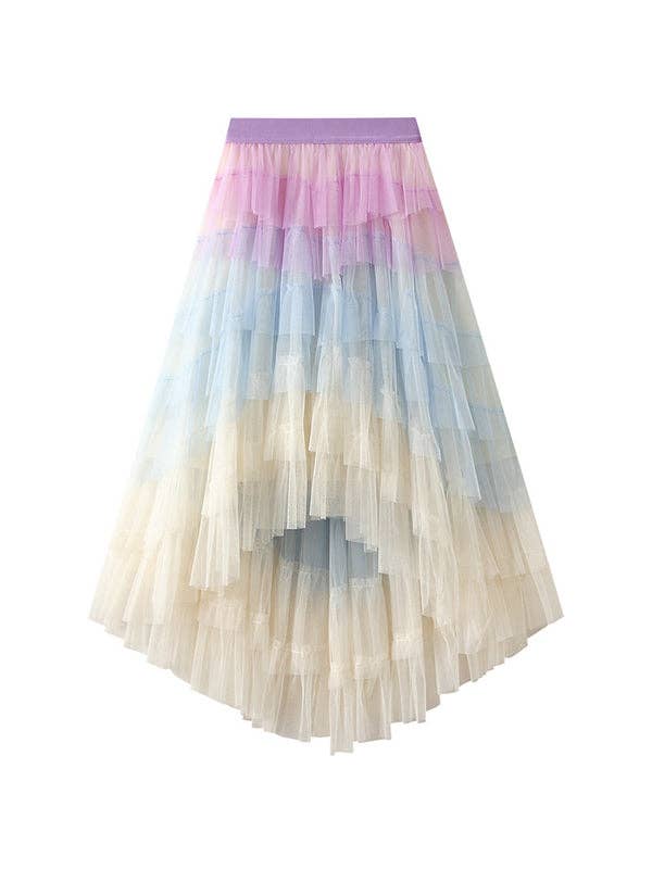 A-Line High-Low Contrast Color Elasticity Gauze Gradient Pleated Split-Joint Tiered Skirts