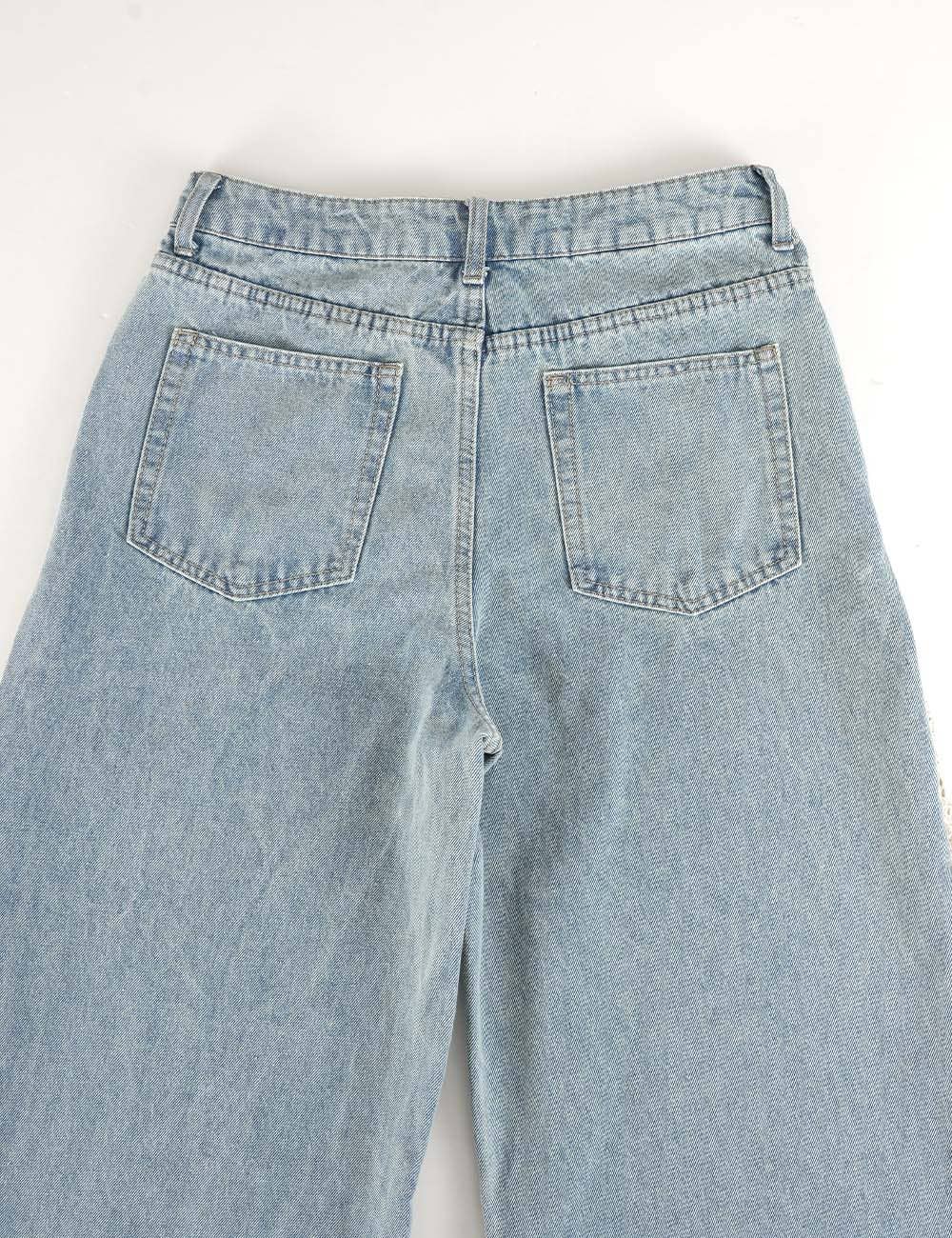 Ladies Lace Panel Washed Jeans Wide Leg Denim Pants
