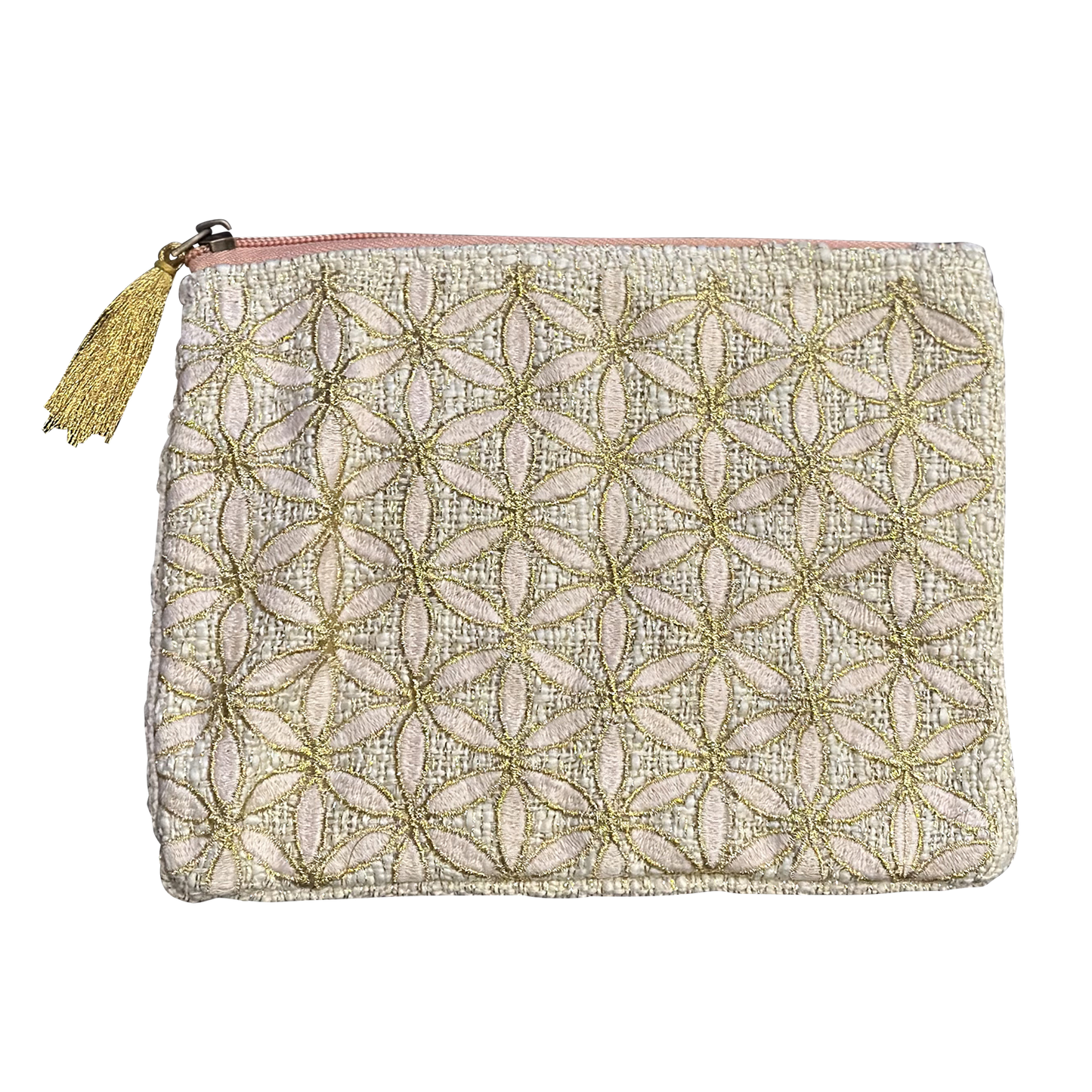 Pale Beige-Pink Gold Embroidered Flower Cotton Pouch Bag