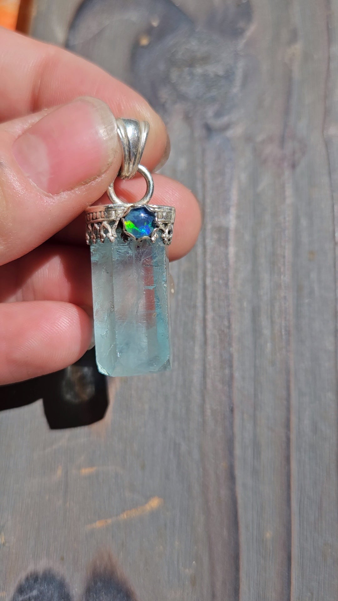 "Snow" Aquamarine and Black Opal Pendant